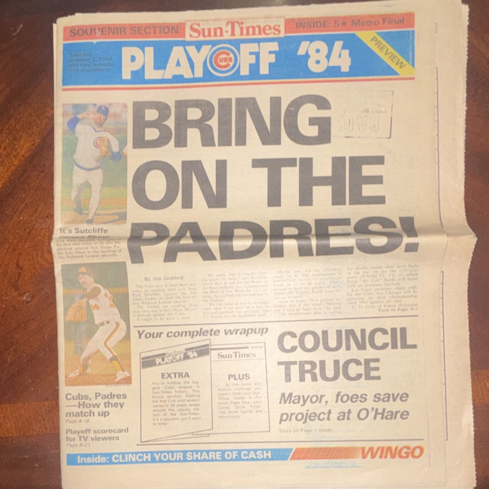 Chicago Sun-Times newspaper Playoff ’84 Cubs vs Padres MLB 1984