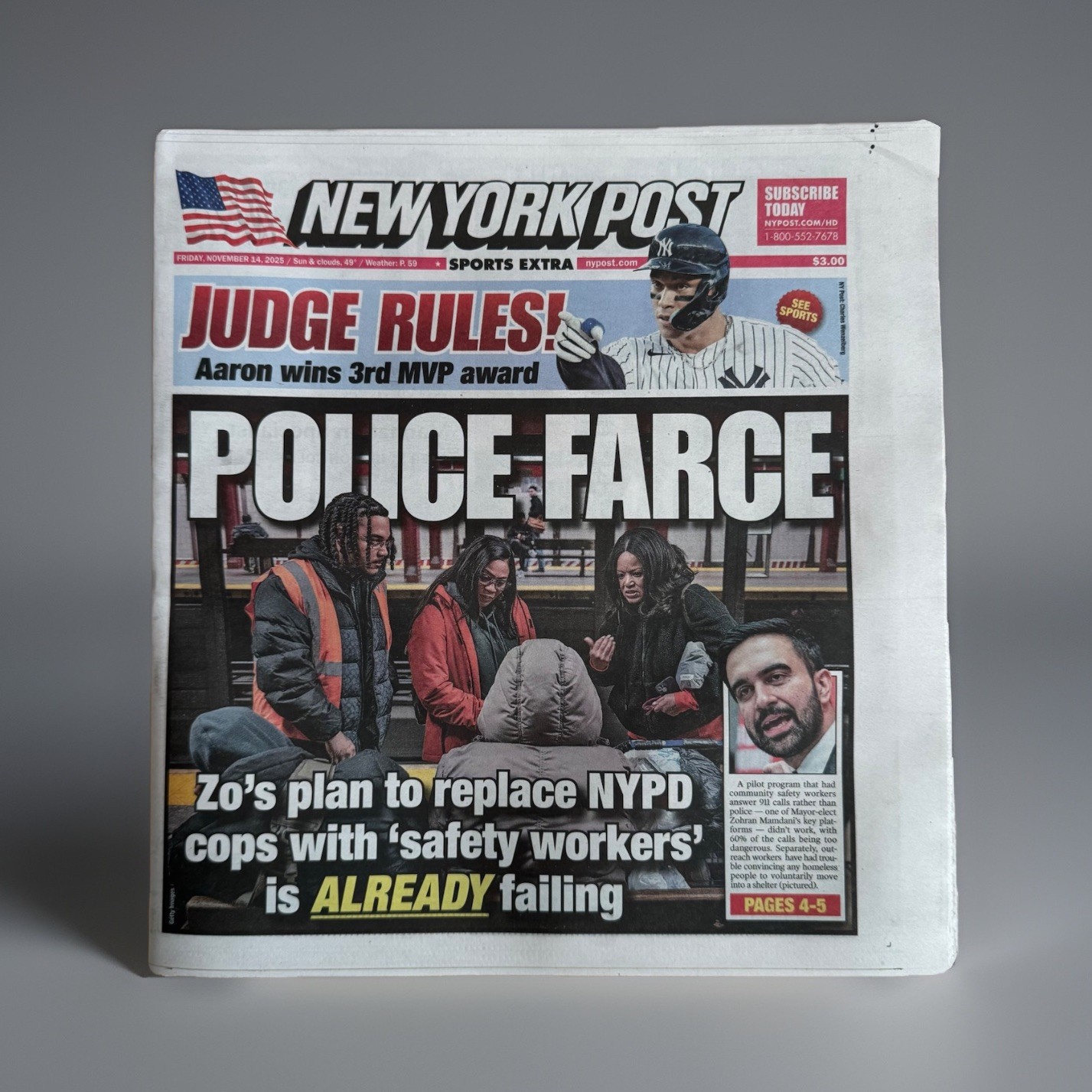 11/14/2025 NEW YORK POST MV3 AARON JUDGE MVP YANKEES NEWSPAPER NY COVER BASEBALL
