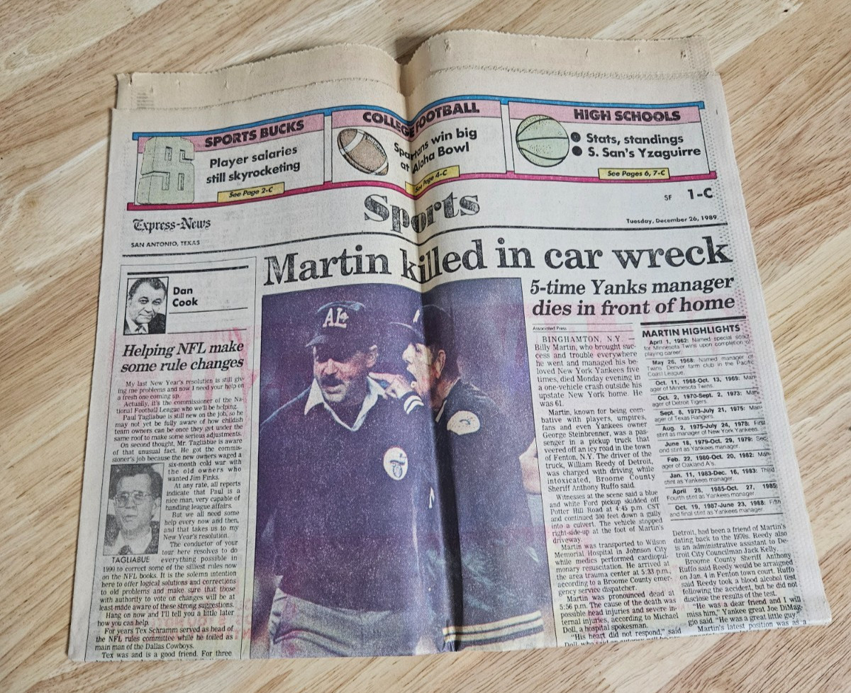Billy Martin Death Sports Page Newspaper New York Yankees December 26 1989
