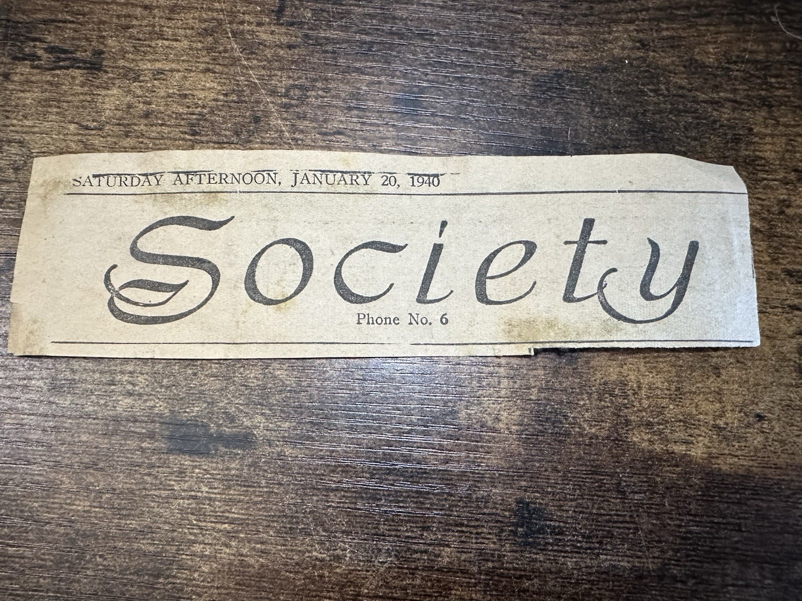 Vintage 1940 Society Newspaper Header Clipping Jan 20 Ephemera Scrapbook