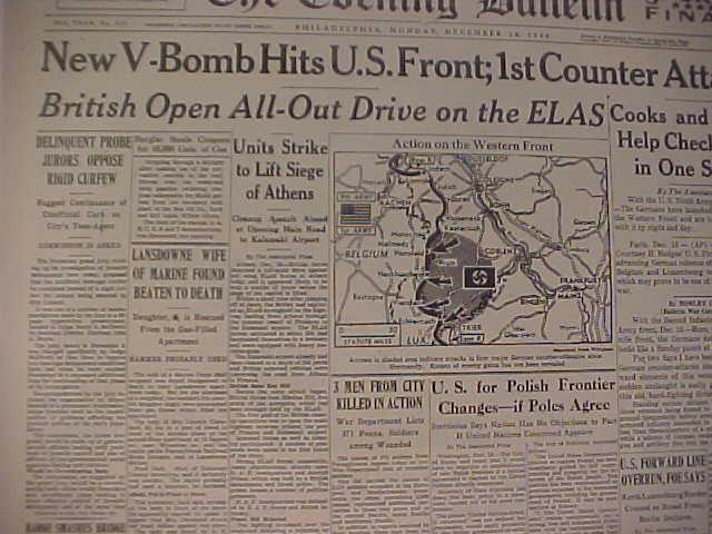 VINTAGE NEWSPAPER HEADLINE ~WORLD WAR 2 HITLER V-BOMB ATTACK U.S. ARMY WWII 1944