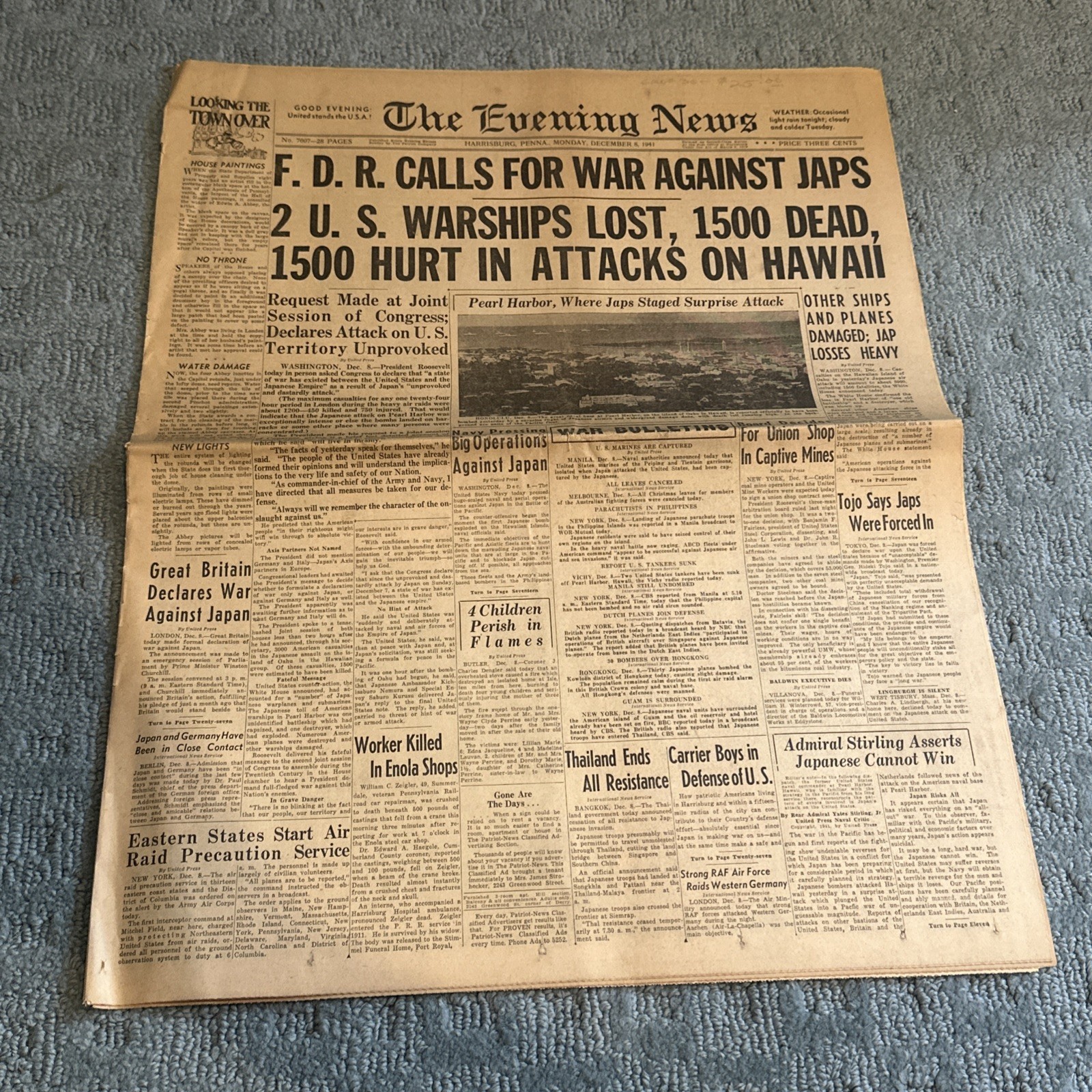 Dec 8 1941 The Evening News Newspaper Japan Attacks Pearl Harbor Harrisburg PA