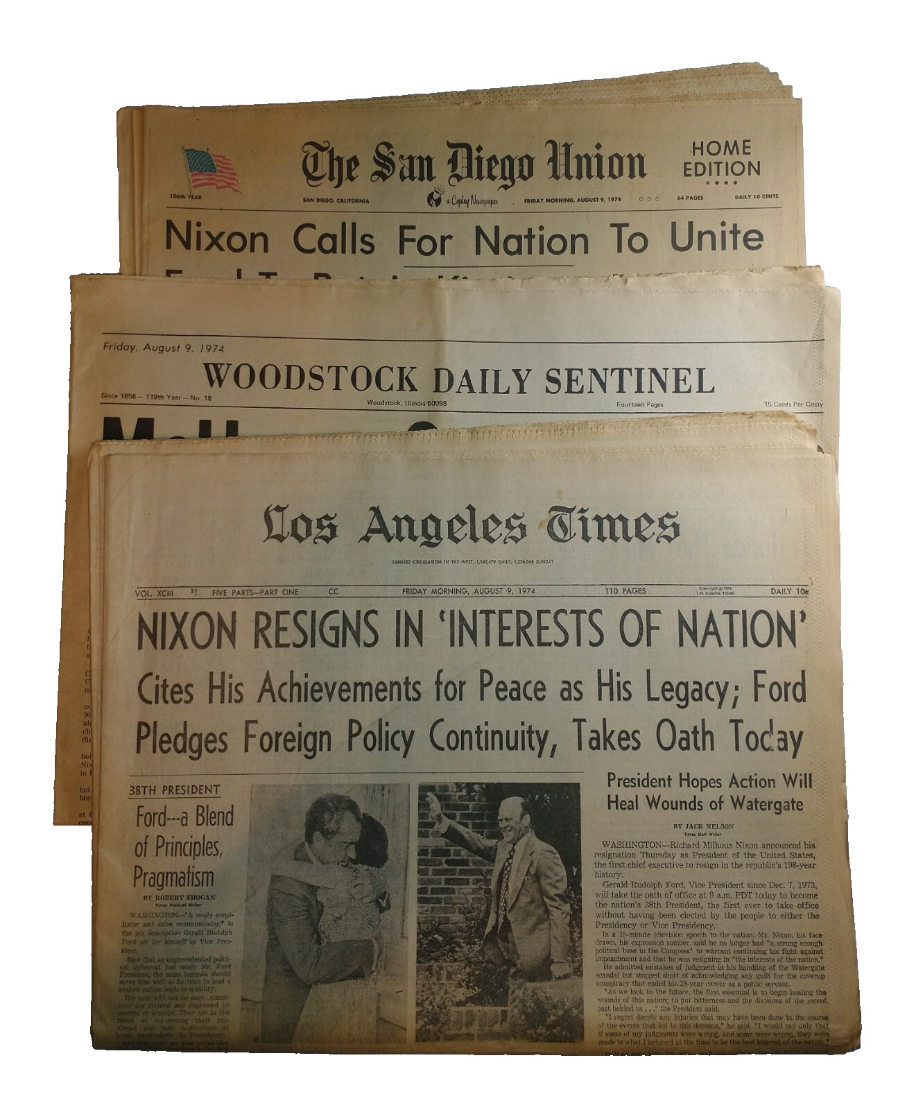 3 NIXON Resigns Newspapers – Aug 9 1974 – San Diego * LA Times * Woodstock