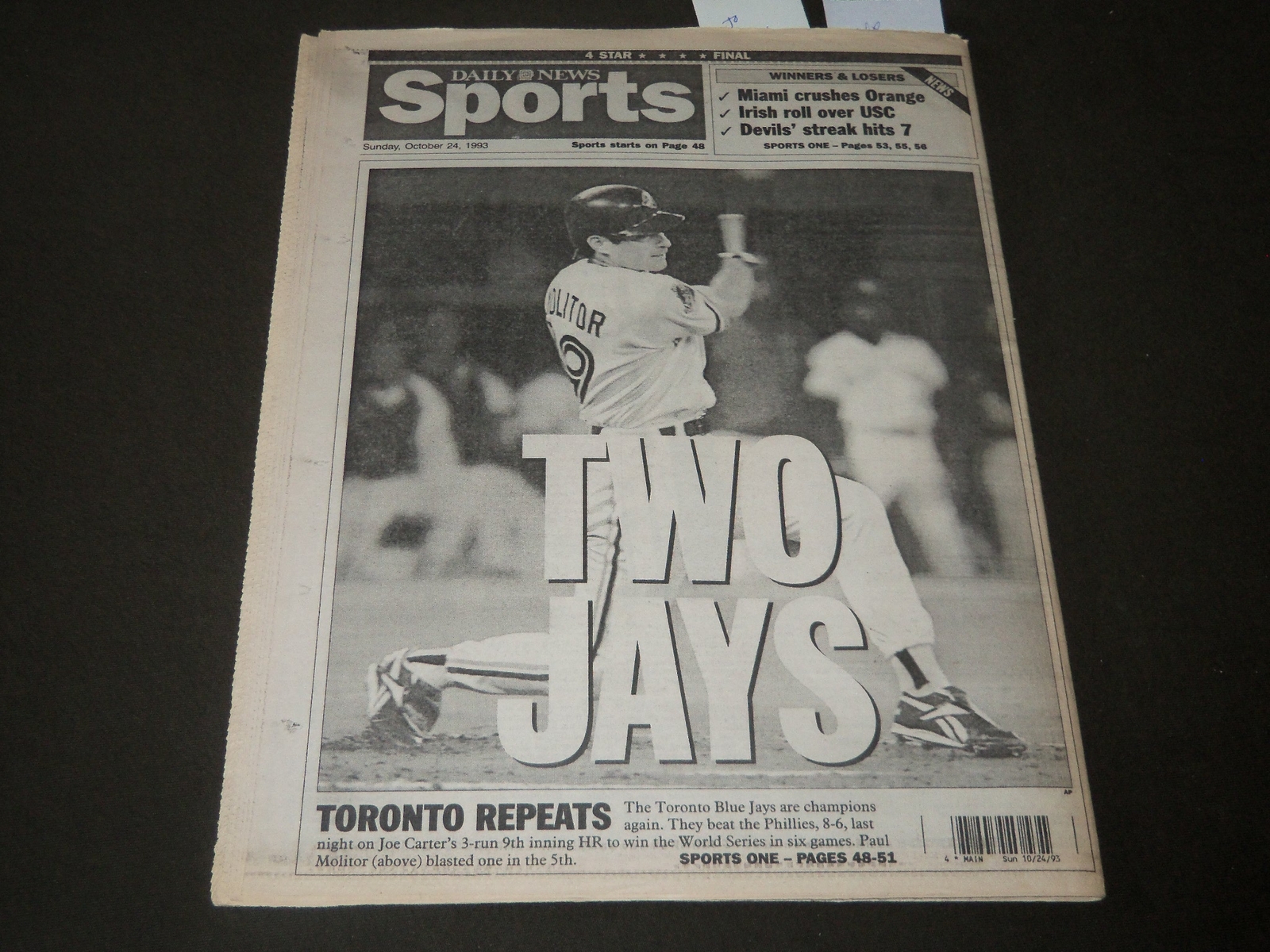 1993 OCTOBER 24 NEW YORK DAILY NEWS – TWO JAYS – TORONTO REPEATS – NP 2613
