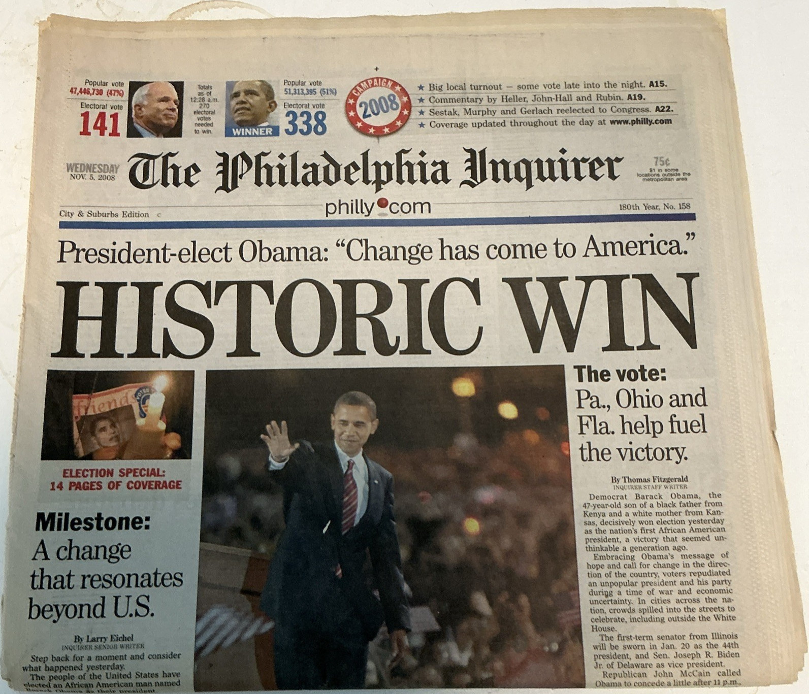 The Philadelphia Inquirer Newspaper November 5, 2008 Obama Historic Win
