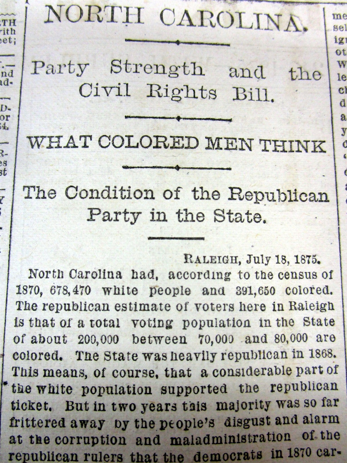 1875 newspaper w post CW WHITE SUPREMACY in NORTH CAROLINA during RECONSTRUCTION