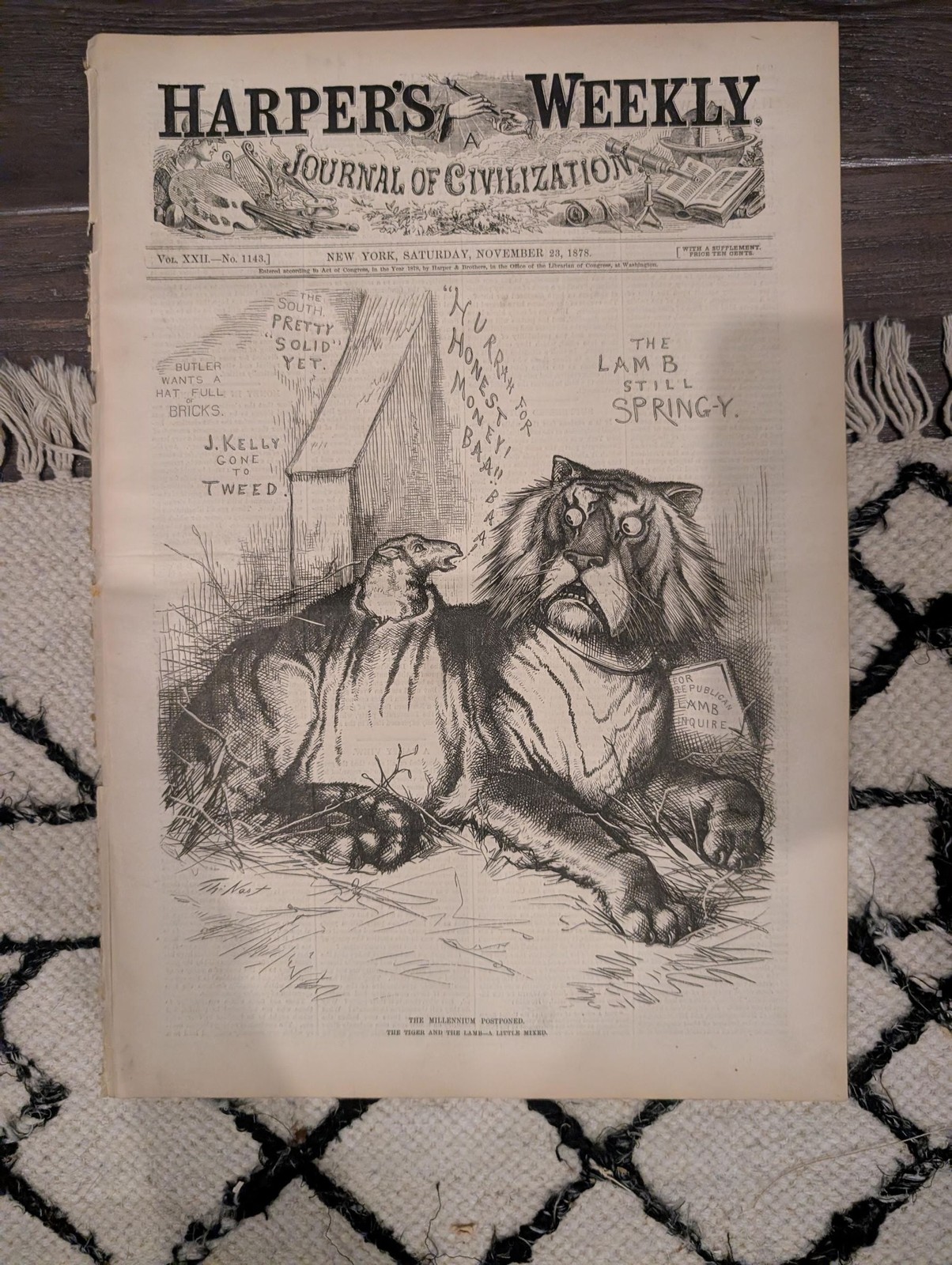 Nov 23 1878 Harpers Weekly, Thomas Nast “One and Inseparable,” Grave of A.T. Ste