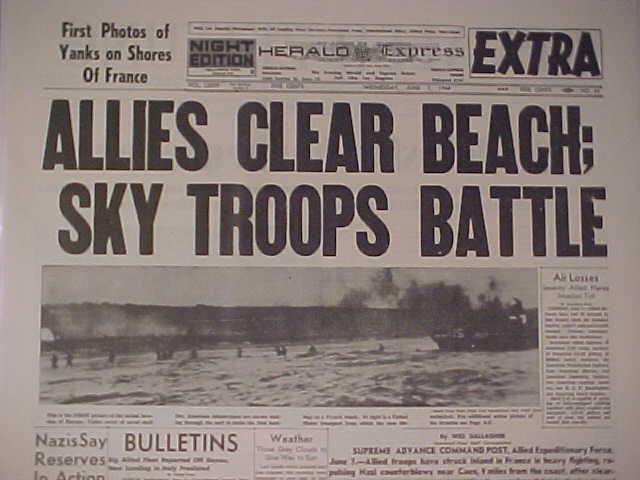 VINTAGE NEWSPAPER HEADLINES~ WORLD WAR 2 D-DAY INVASION FRANCE BEACH WWII 1944