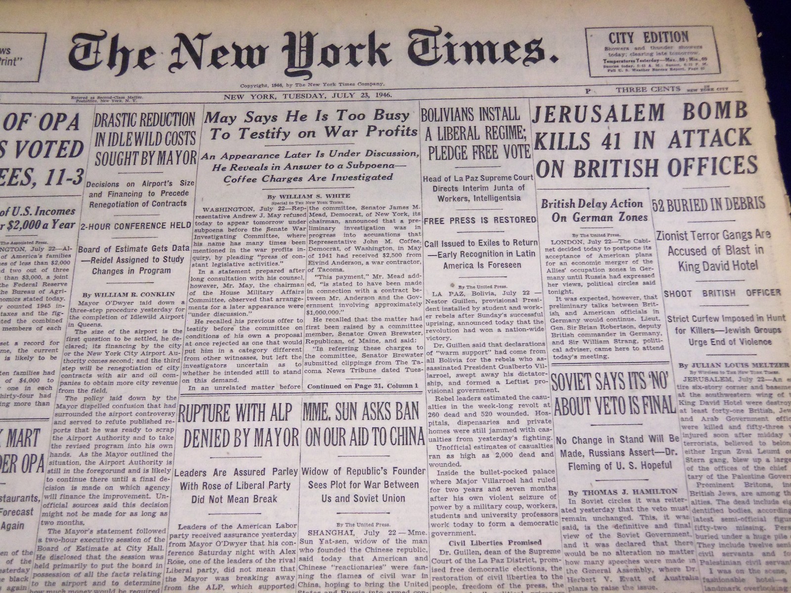 1946 JULY 23 NEW YORK TIMES – JERUSALEM BOMB KILLS 41 – NT 2978