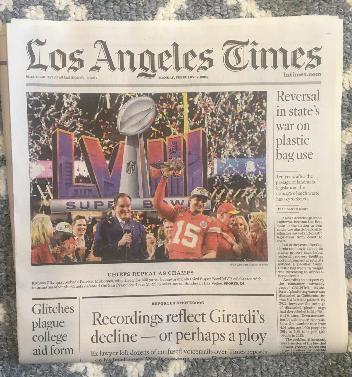 LOS ANGELES TIMES Feb. 12, 2024 Cali. SUPER BOWL LVIII Travis Kelce Taylor Swift