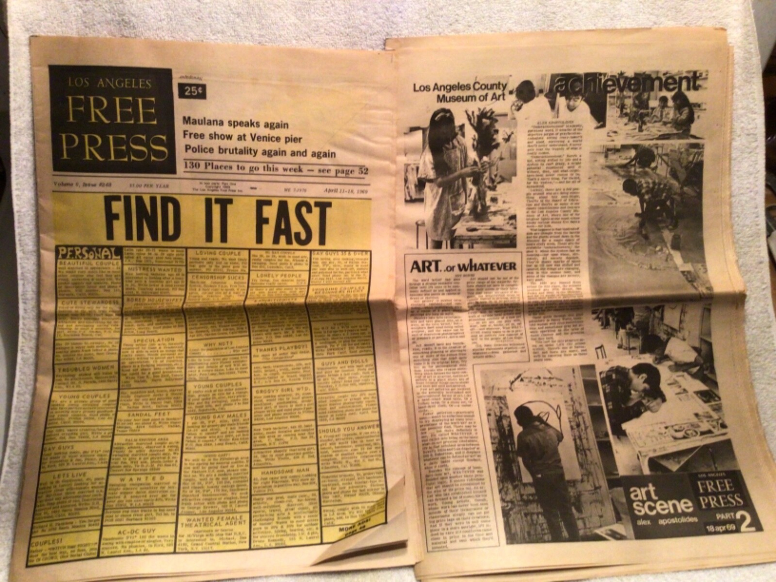 Vtg. Los Angeles Free Press Underground Newspaper April 1969 Hippies Great Ads