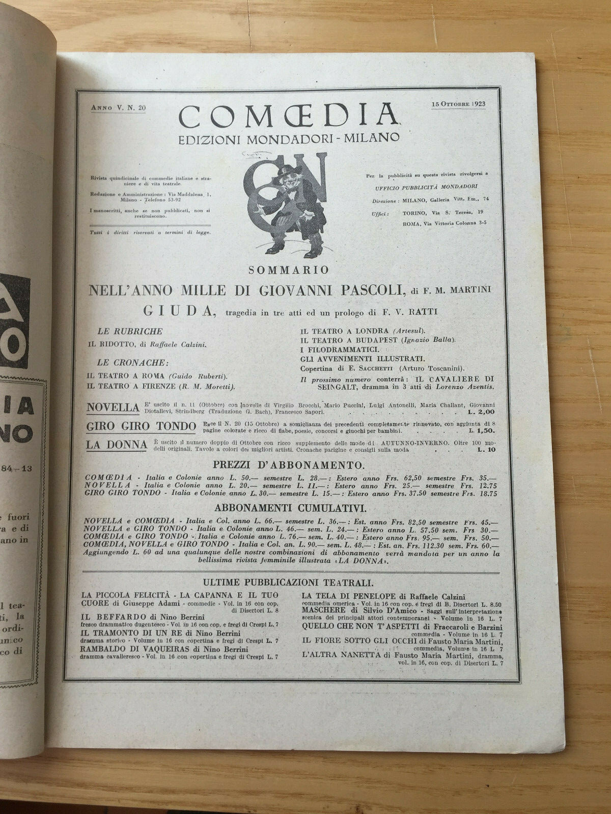 MONDADORI COMEDIA PERIODICO COMEDIA E VITA THEATRALE N 20 1923 G. PASTCOLI 2/19