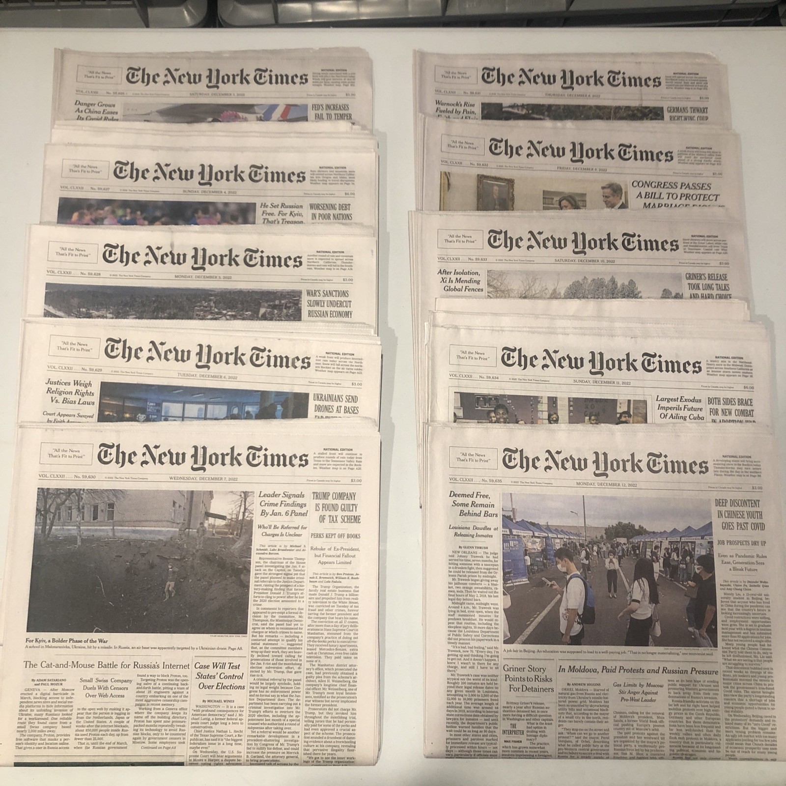 New York Times 10 Used Newspapers Lot – Dec. 3 4 5 6 7 8 9 10 11 12, 2022