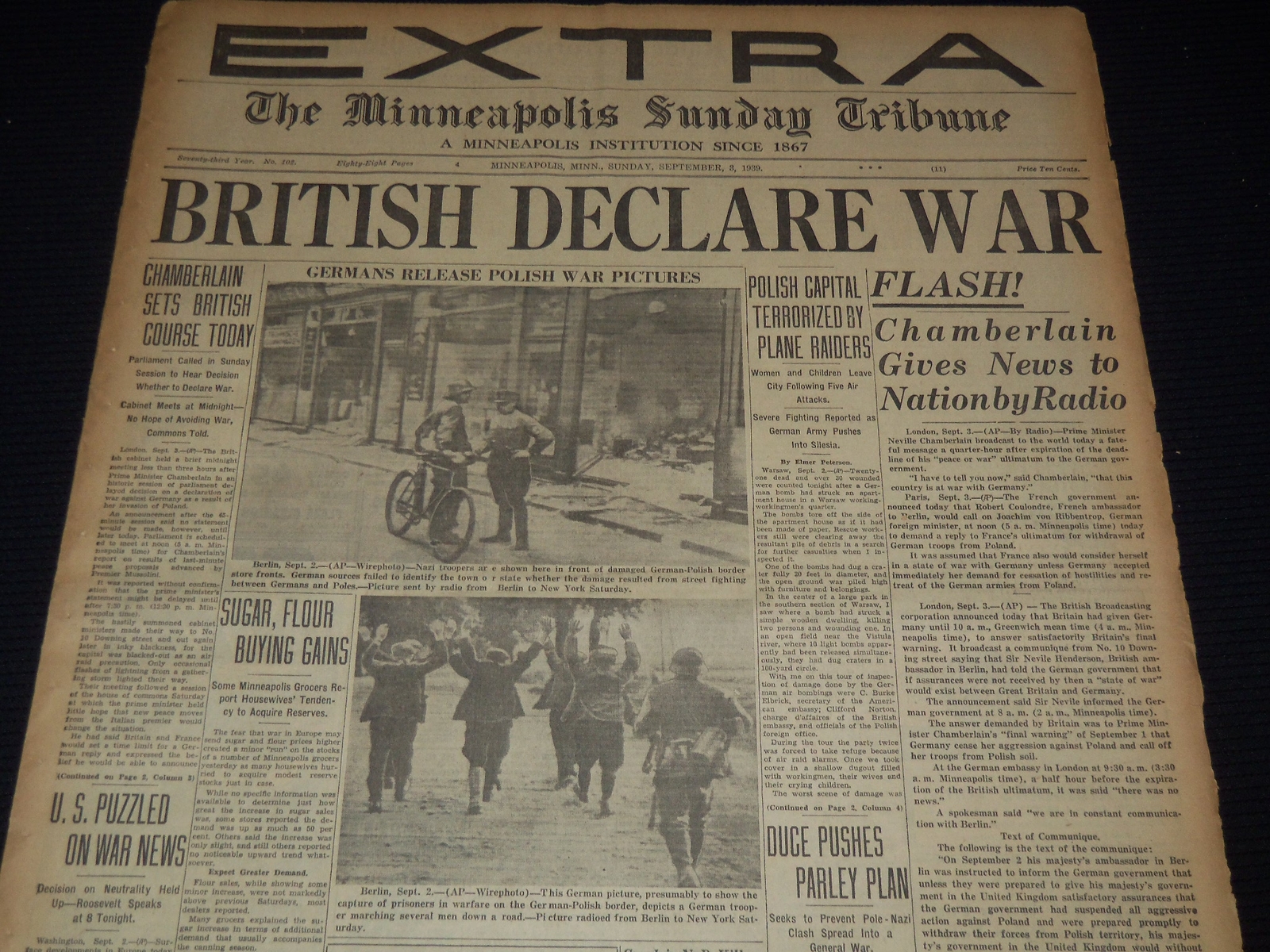 1939 SEPT 3 MINNEAPOLIS SUNDAY TRIBUNE EXTRA – BRITISH DECLARE WAR – NT 9519