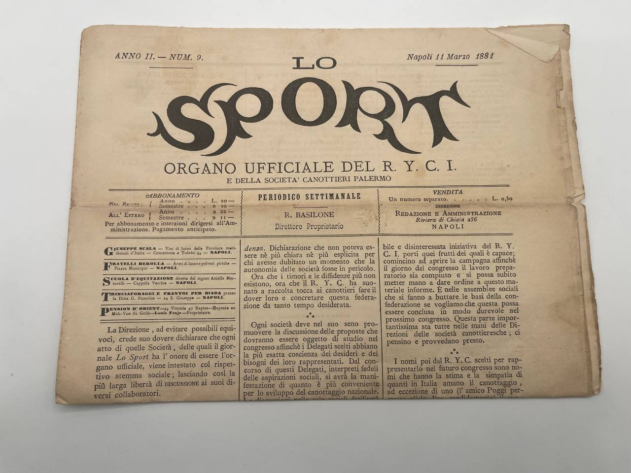 1881 Newspaper Lo Sport Sicily Canottaggio Boating – C32