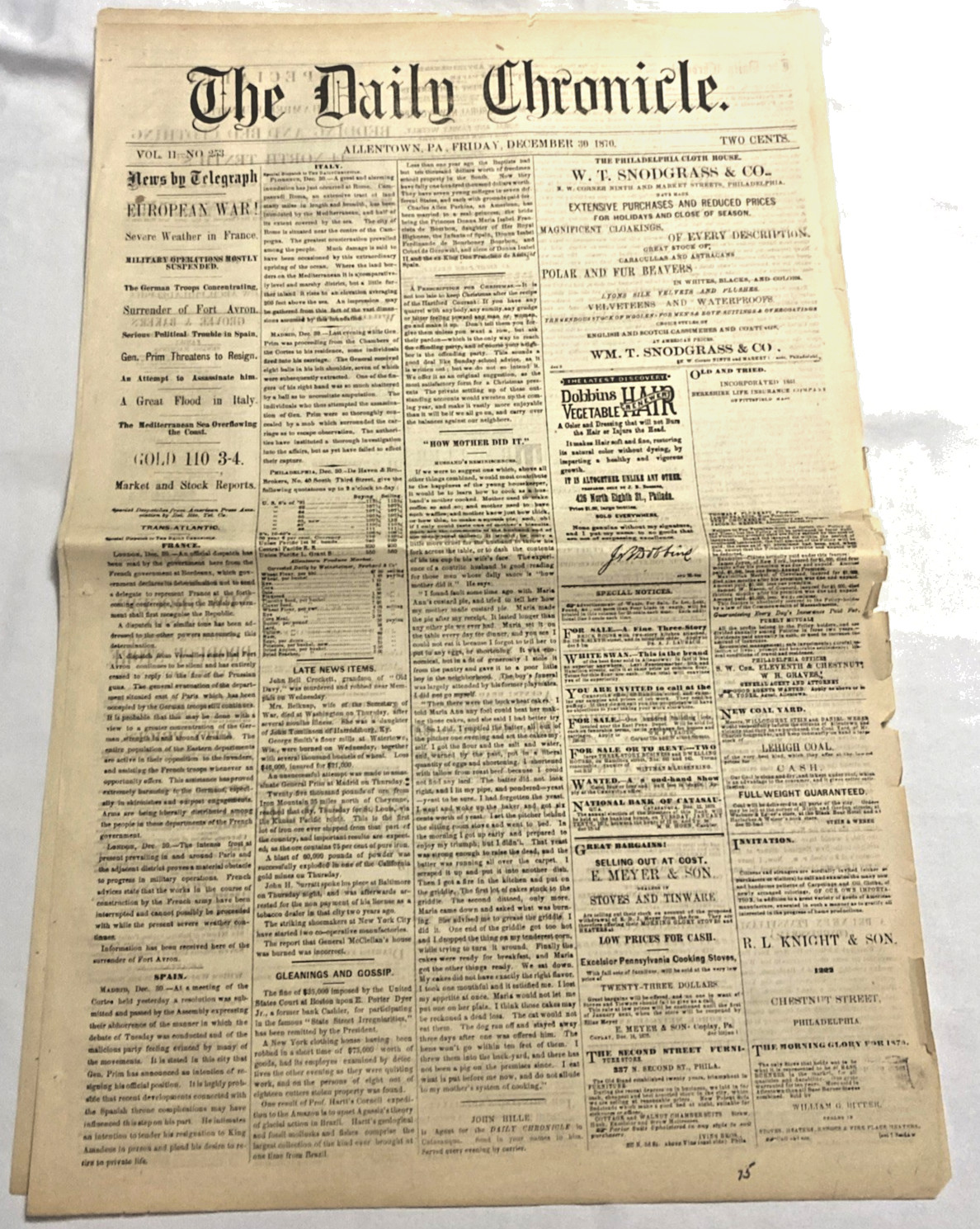 The Daily Chronicle Newspaper ~ Allentown PA, December 30, 1870