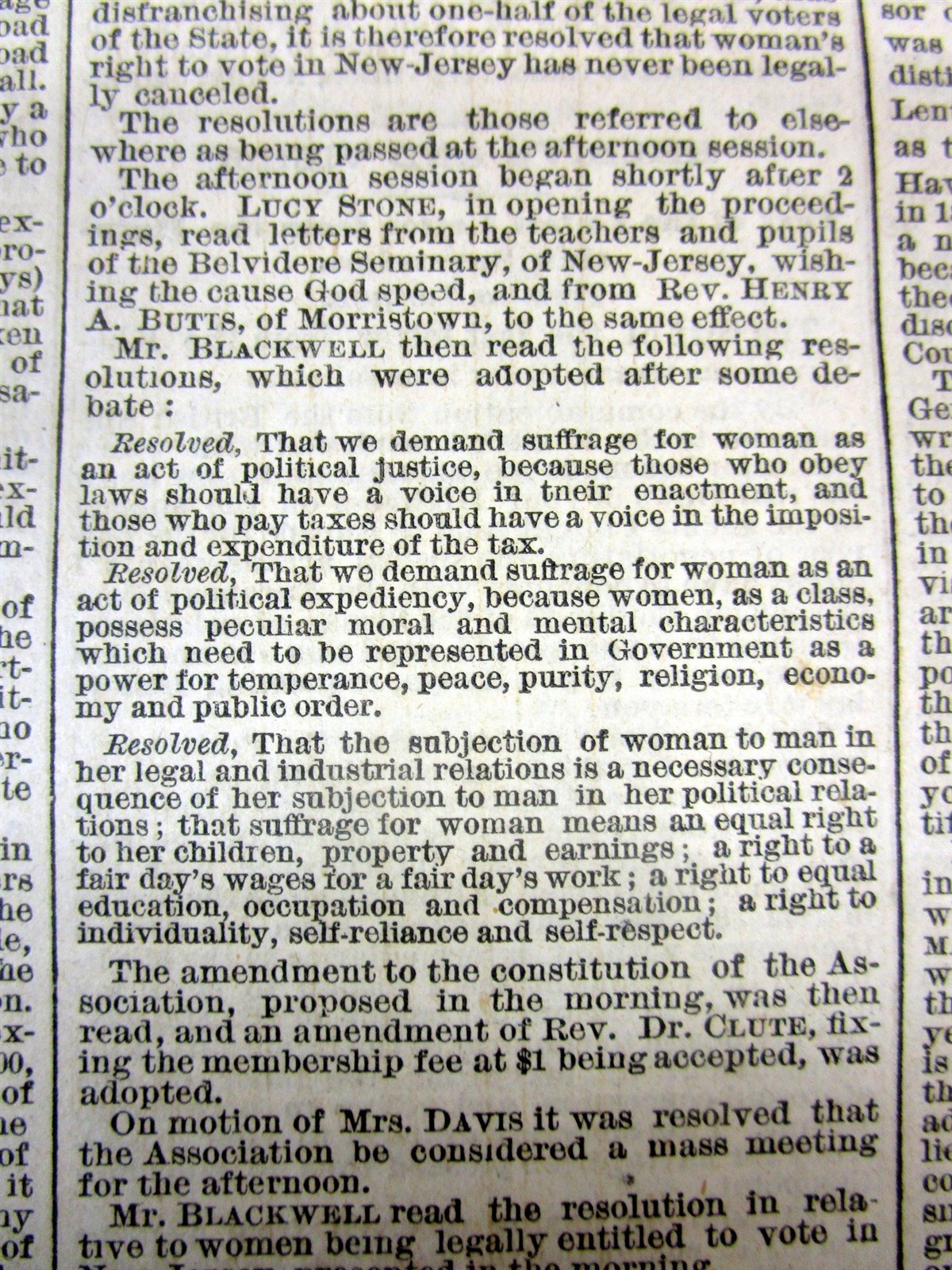 1869 NY Times newspaper with a WOMEN’S RIGHTS SUFFRAGE CONVENTION in NEW JERSEY