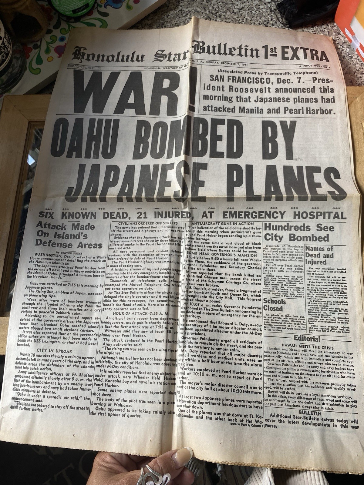 Extremely Rare Dec 7 1941 Honolulu Star-Bulletin Newspaper WW2 Pearl Harbour