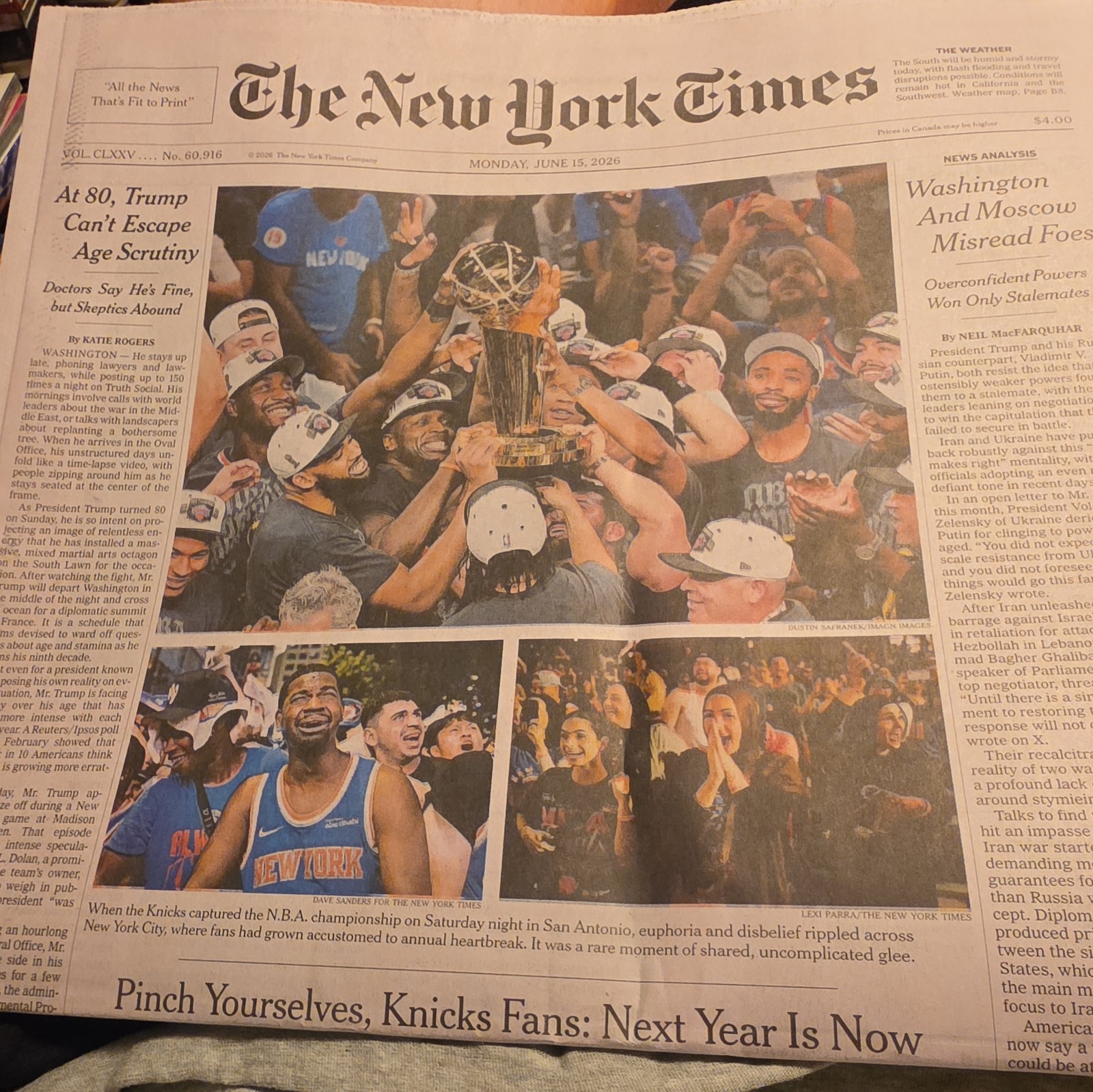 THE NEW YORK TIMES 6/15/26 KNICKS NBA CHAMPIONSHIP OVER SPURS DONALD TRUMP 80