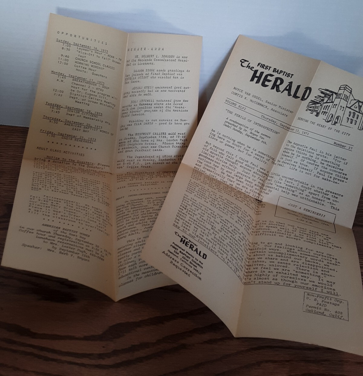 VTG The First Baptist Herald Thursday Sept. 17, 1973 Oakland Ca Boyce Van Osdel