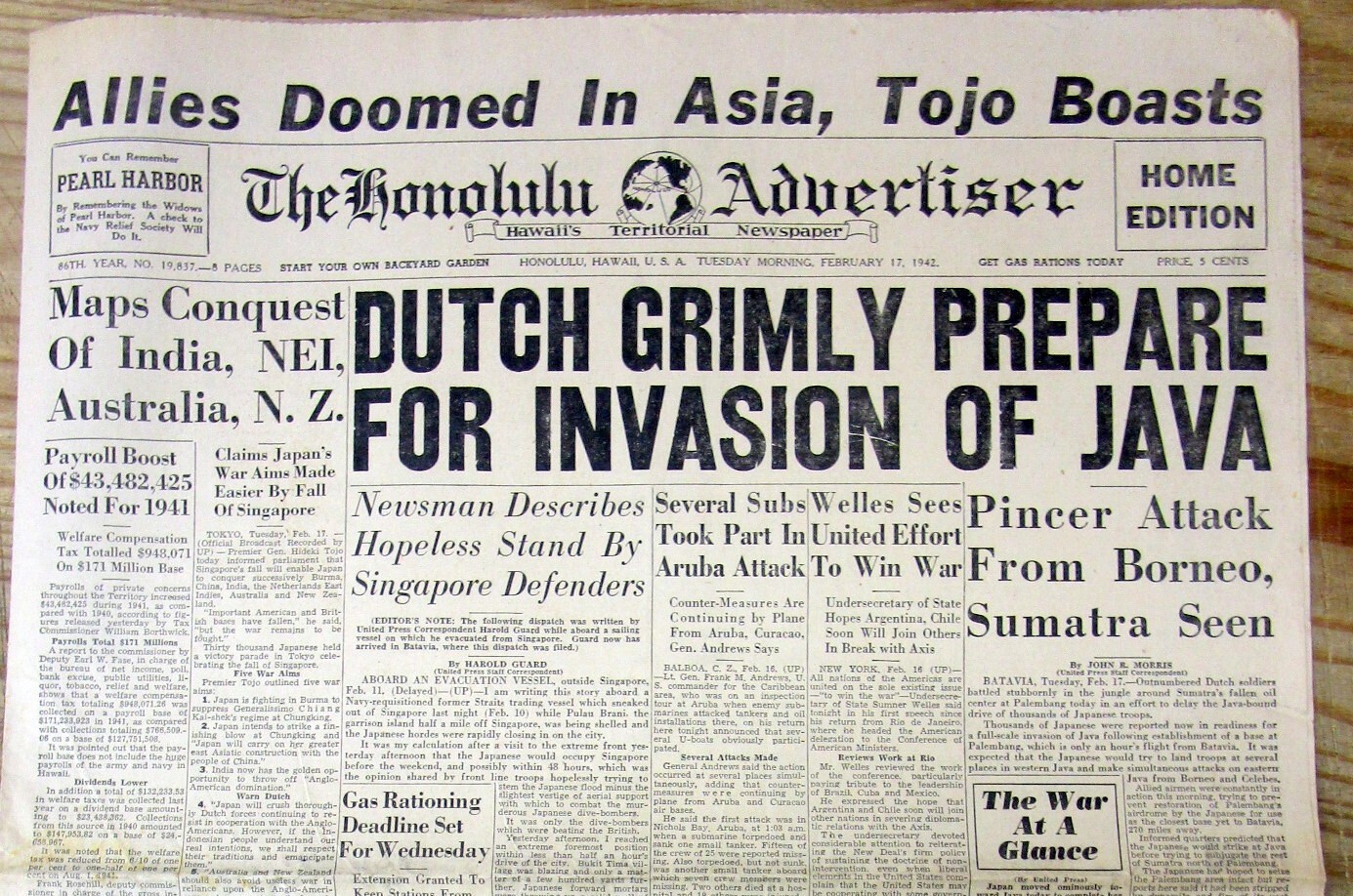 1942 WW II Honolulu HAWAII newspaper JAPAN THREATENS ATTACK / CONQUEST AUSTRALIA