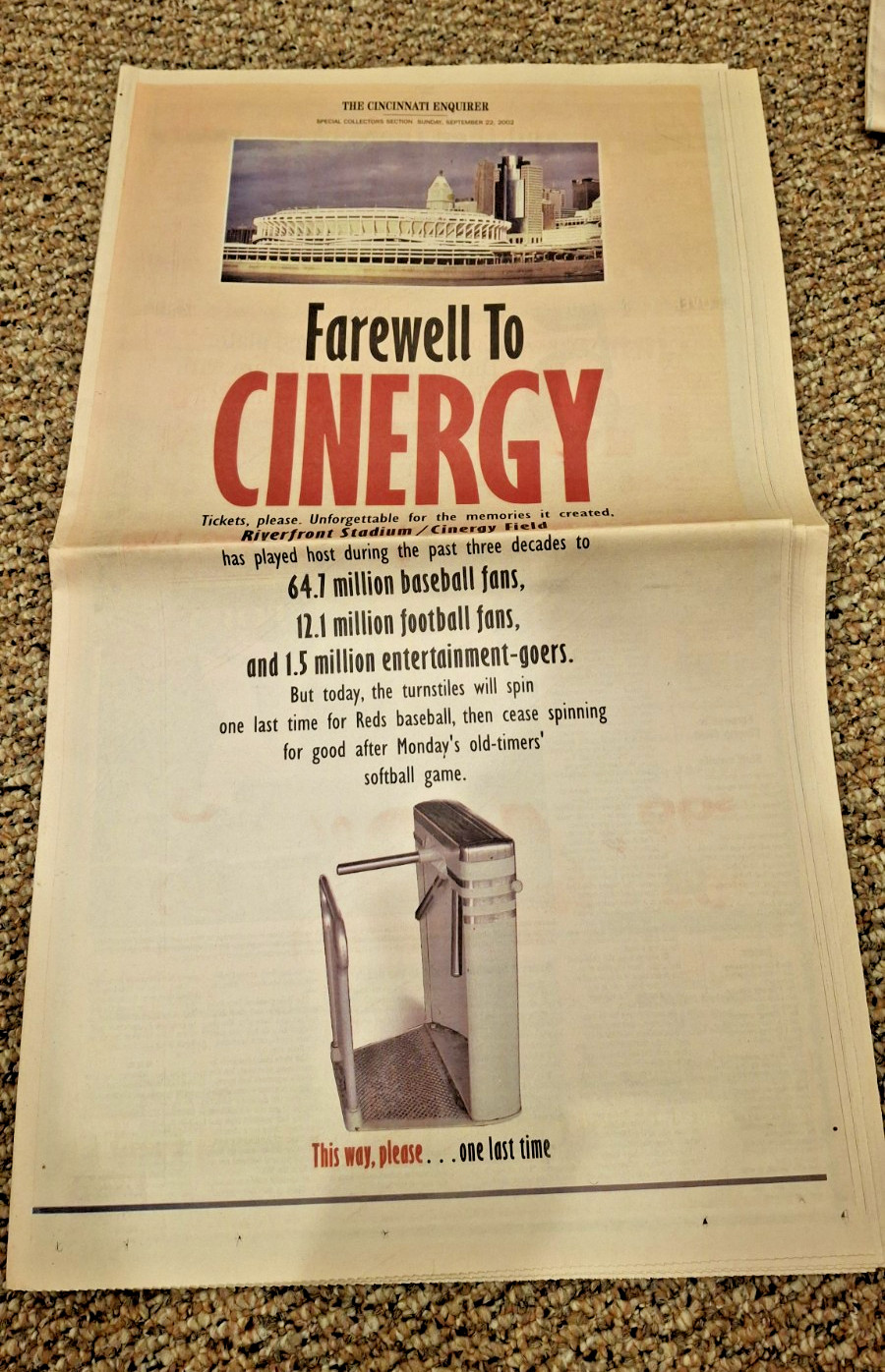 Cincinnati Enquirer Newspaper – Reds Browning Perfect Riverfront Cinergy GABP