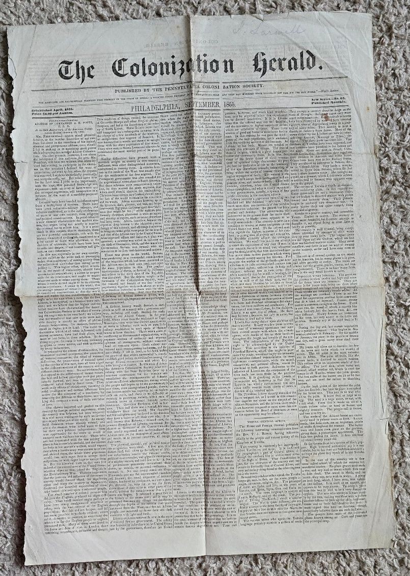 1855 The Colonization Herald Newspaper Philadelphia – Slavery, religion, etc.