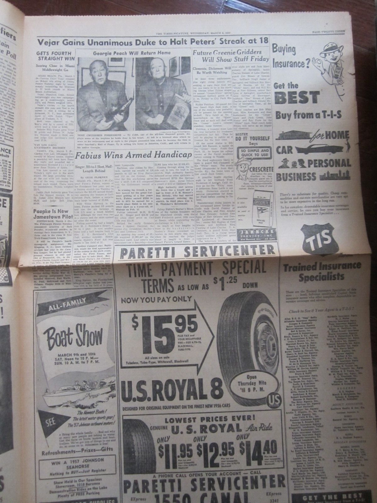 The Times Picayune Newspaper March 6 1957 Ty Cobb Georgia Peach Return Home