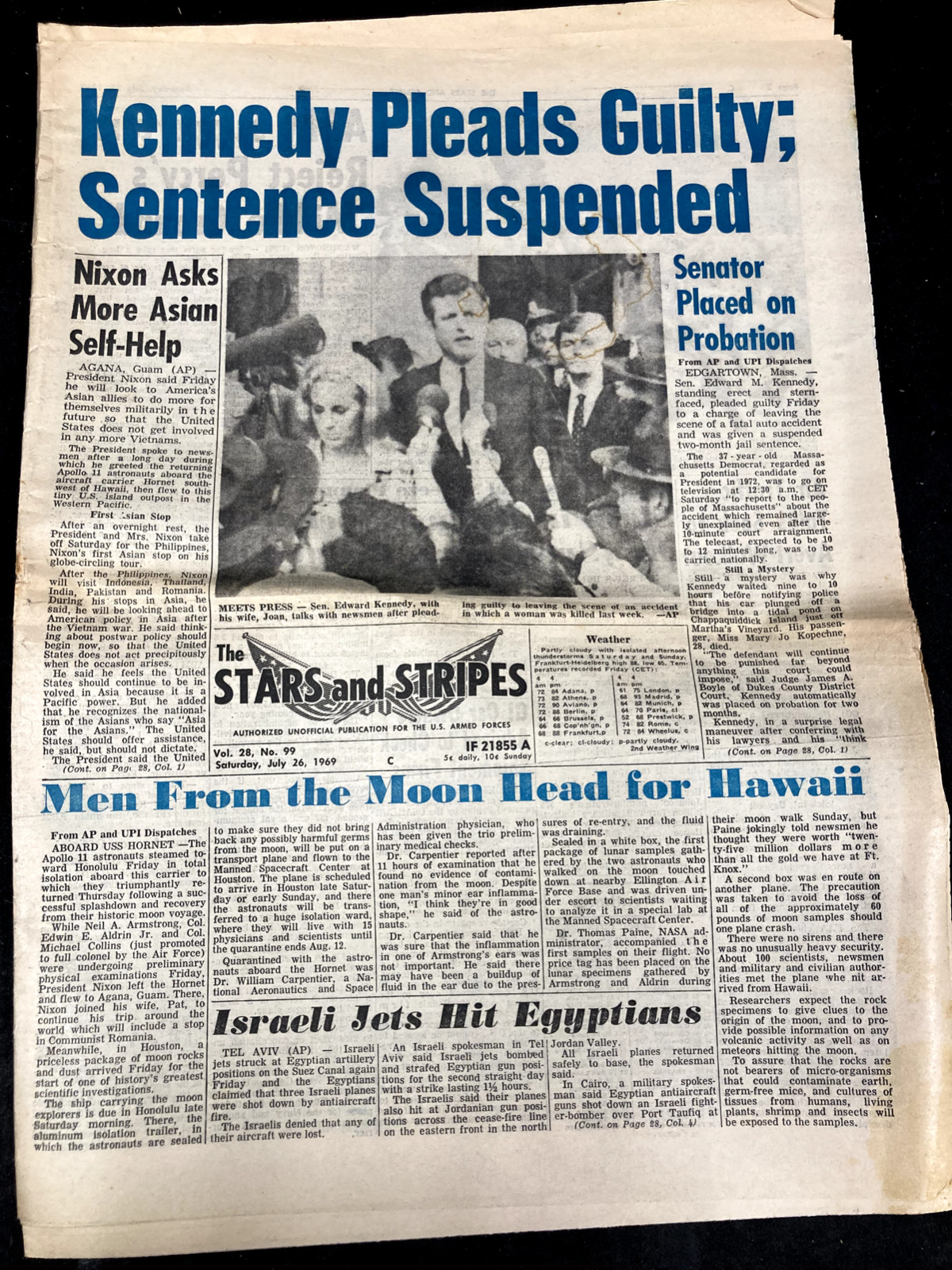 1969 STARS AND STRIPES NEWSPAPER, JULY 26TH, KENNEDY PLEADS GULTY; SENTENCE SUSP