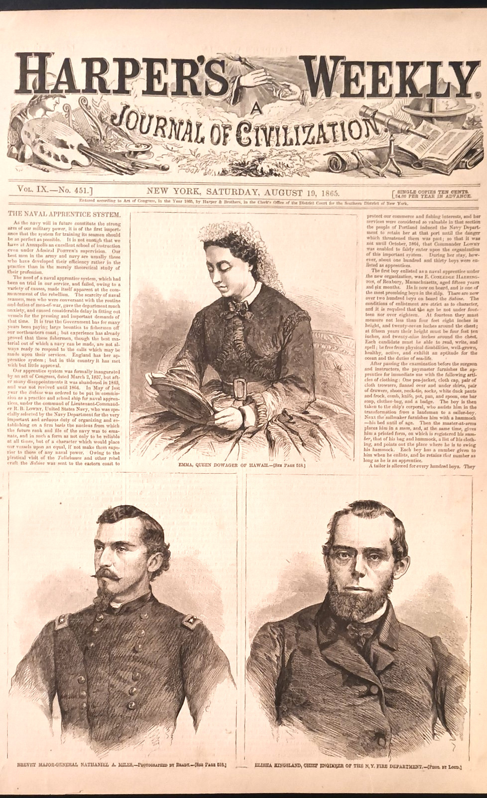 August 19, 1865 Harper’s Weekly Jefferson Davis Flight, Queen Dowager of Hawaii