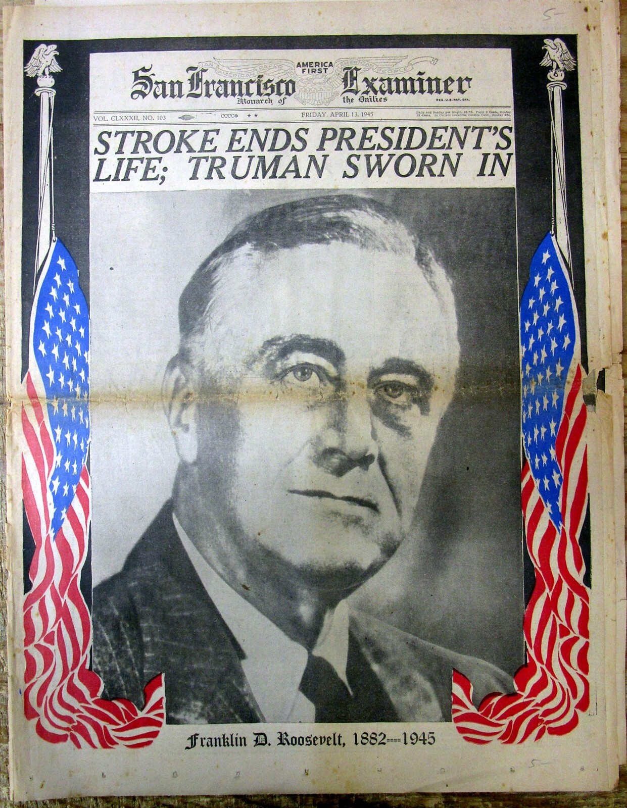4-13-1945 WW II display newspaper w DEATH of US PRESIDENT FRANKLIN D ROOSEVELT