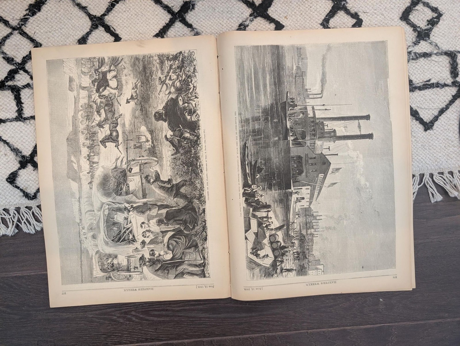 June 12 1869 Harpers Weekly, Pilgrims on the Plains Wagon Train, Seamans Burial,