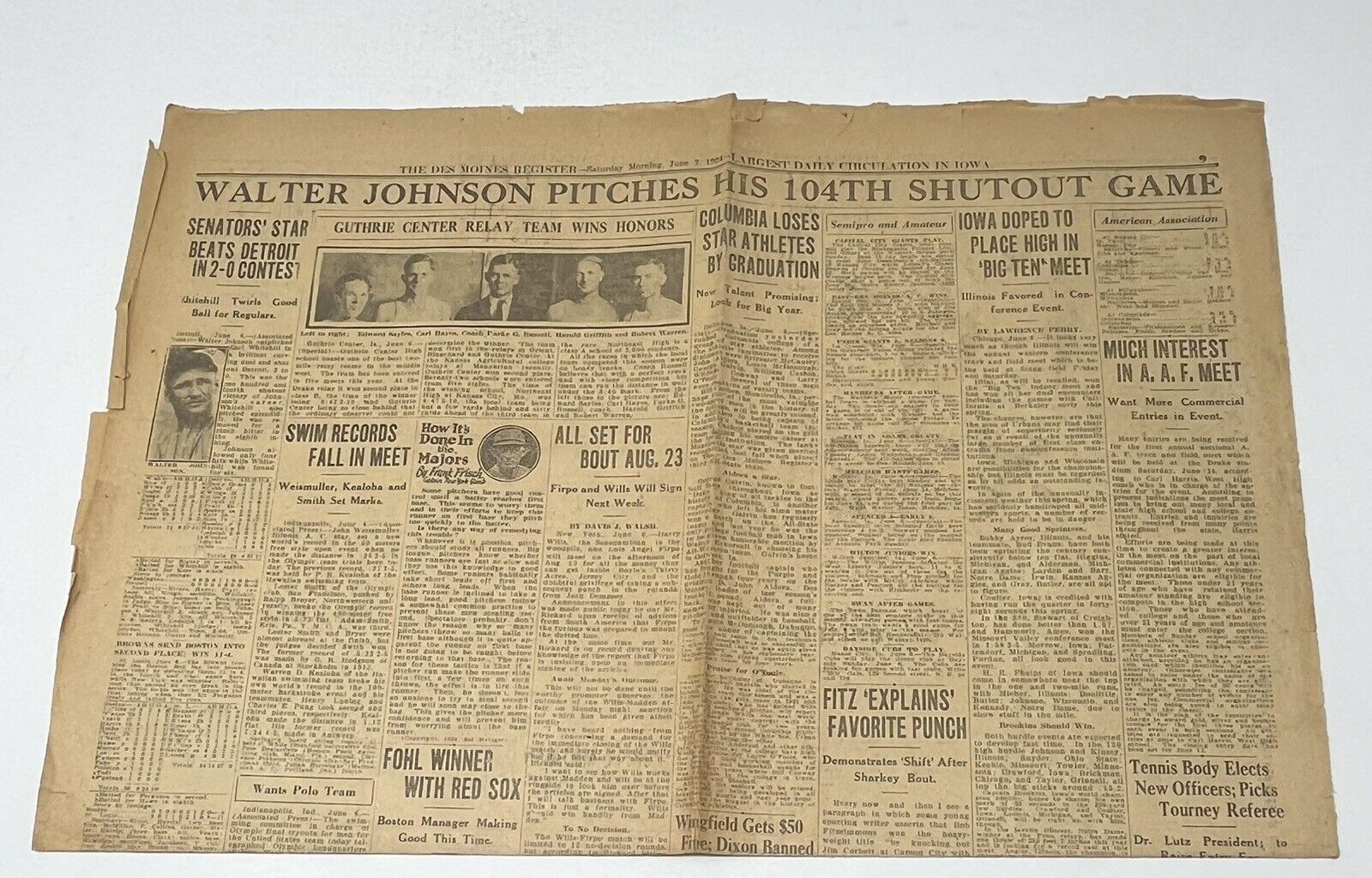 1924 Walter Johnson 104th Shutout Des Moines Register Newspaper June 7th
