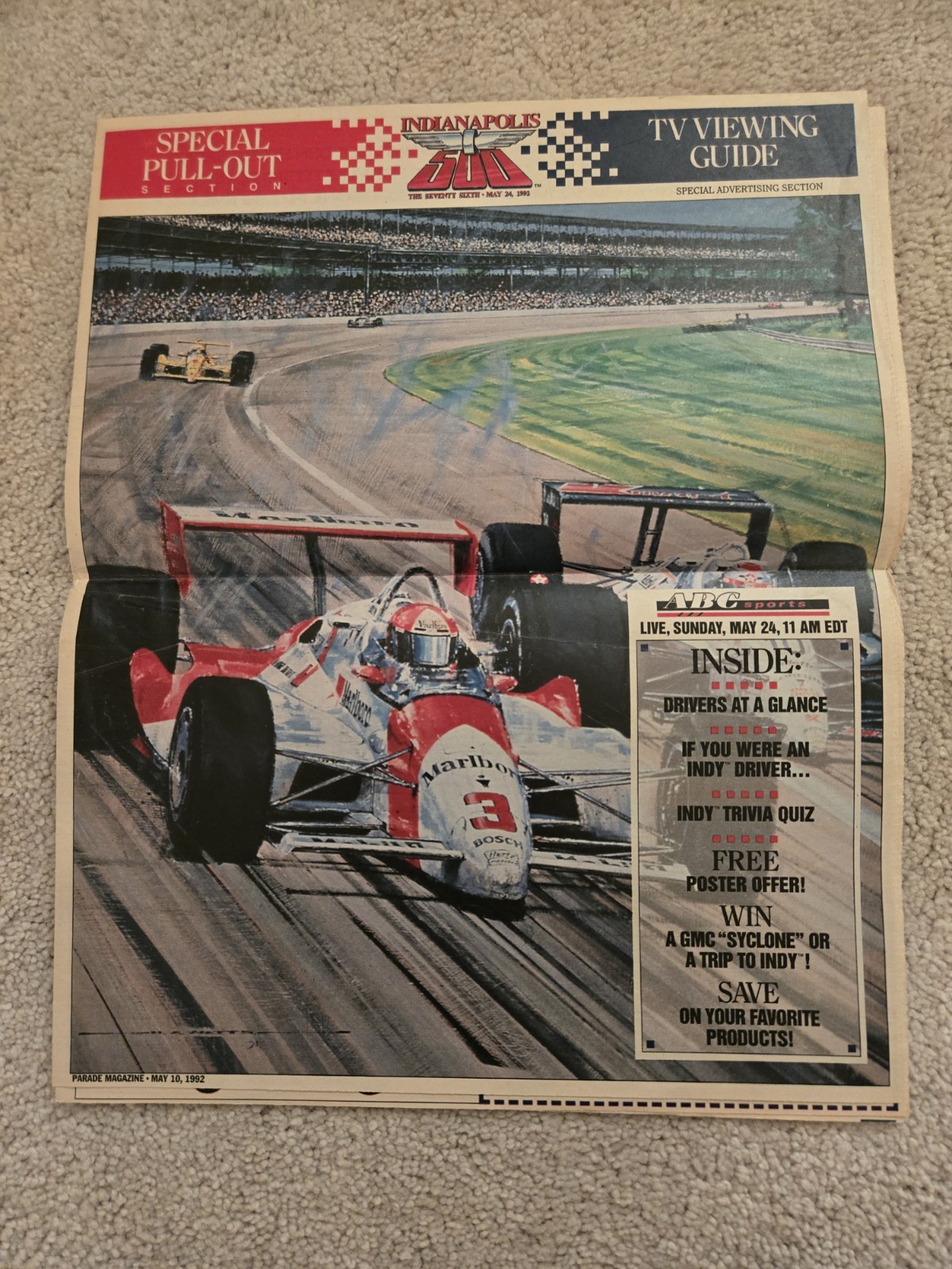 Vintage 1992 Parade Magazine Special Pull-Out Edition 76th Indianapolis 500 Race