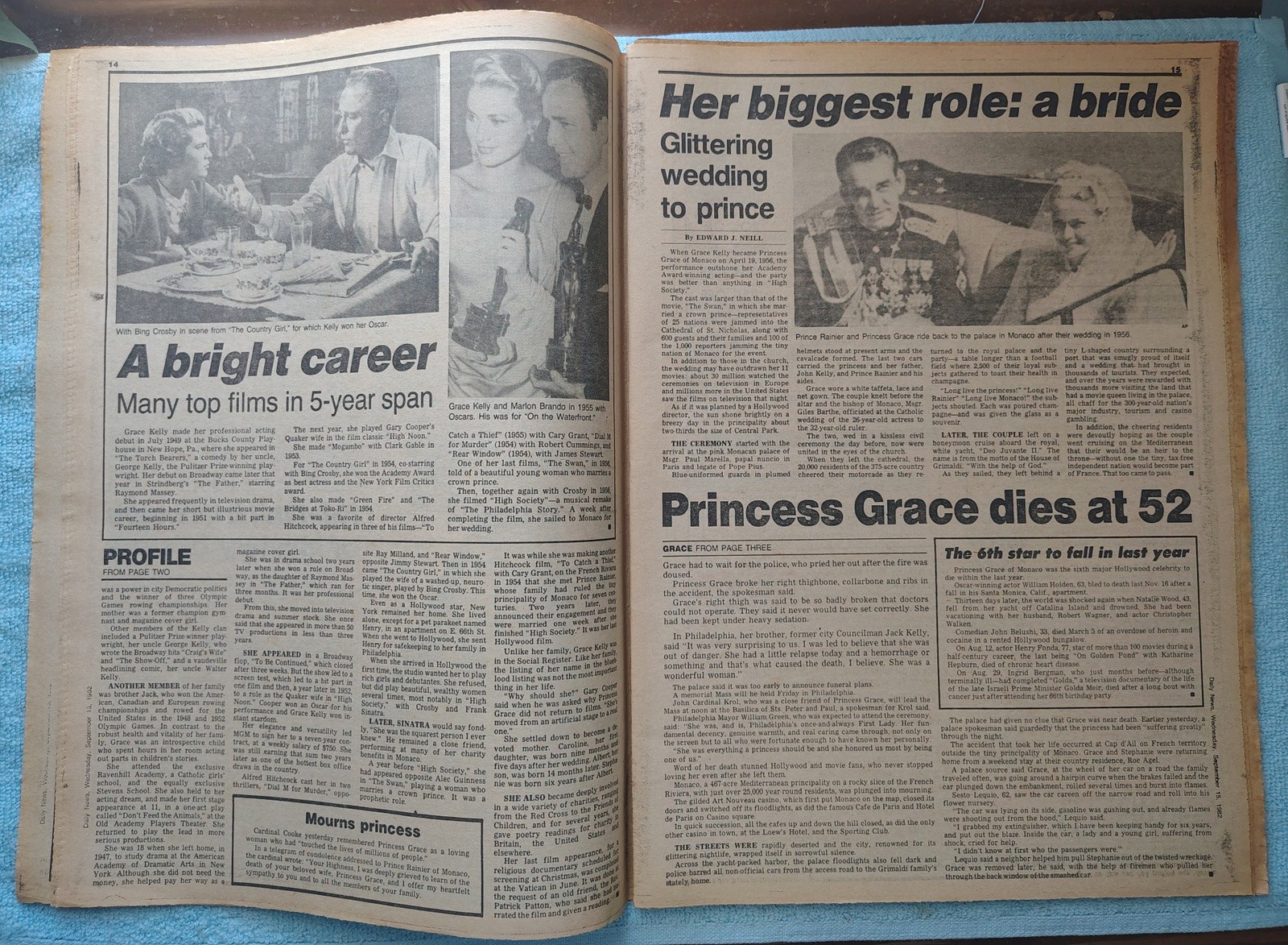 New York Daily News 15 September 1982 Princess Grace of Monaco Death Yankees ++