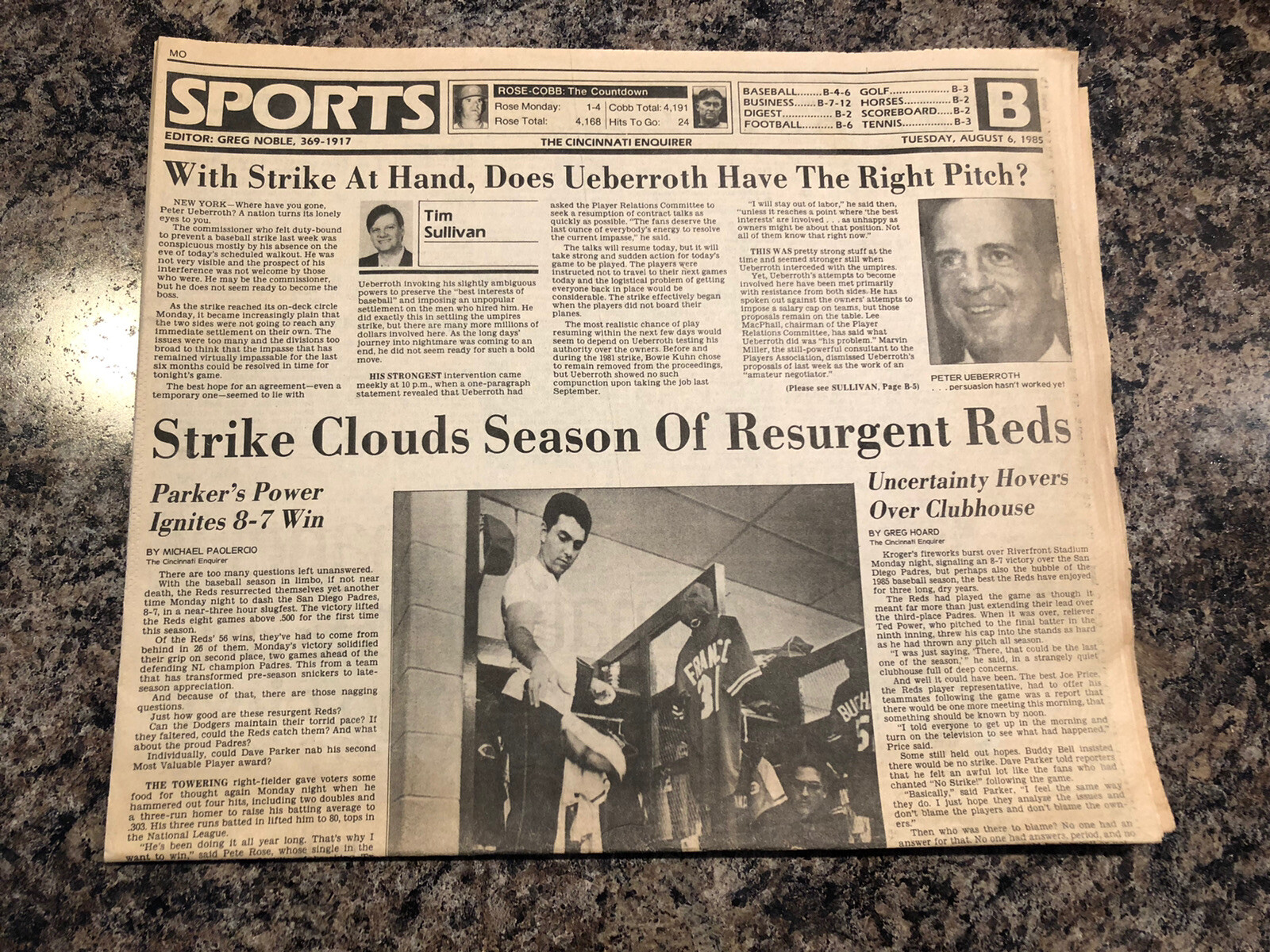 1985 Cincinnati Reds & Pete Rose Baseball Newspaper. Looming Baseball Strike