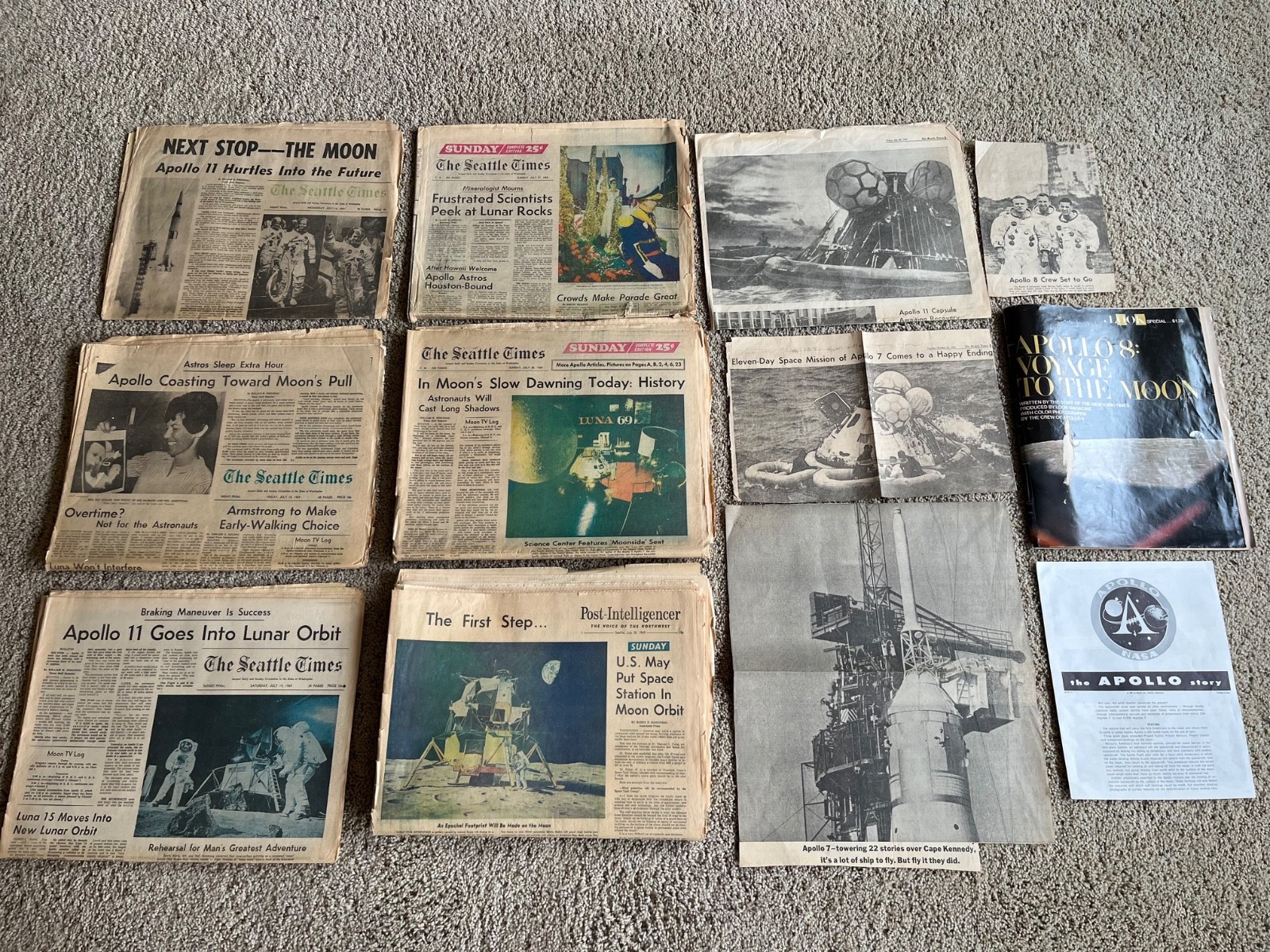 Vintage Seattle Times & PI Newspapers Apollo 11 – July 16-27, 1969 LOT of 8