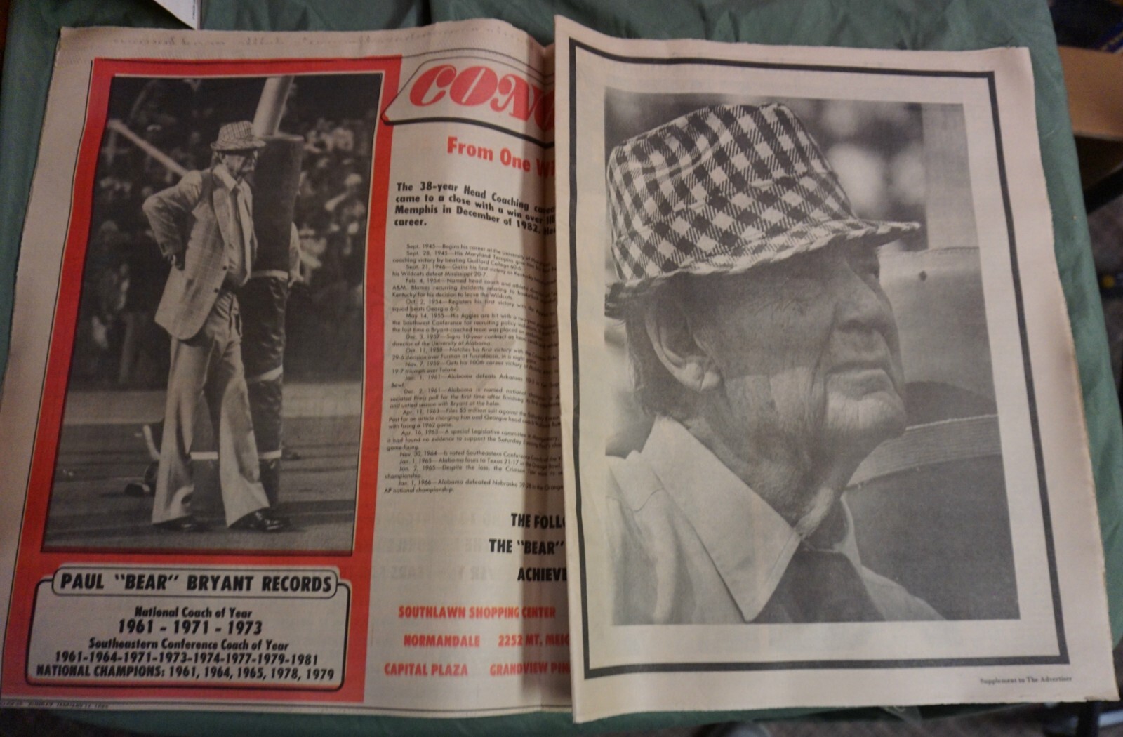 Paul Bear Bryant THE LIVING LEGEND 1945 -1982 supplement (Loc = Bk case shelf A)