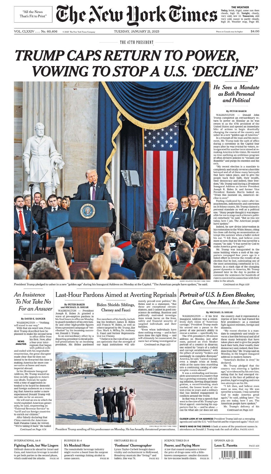 New York Times Newspaper President Donald Trump Inauguration January 21 2025