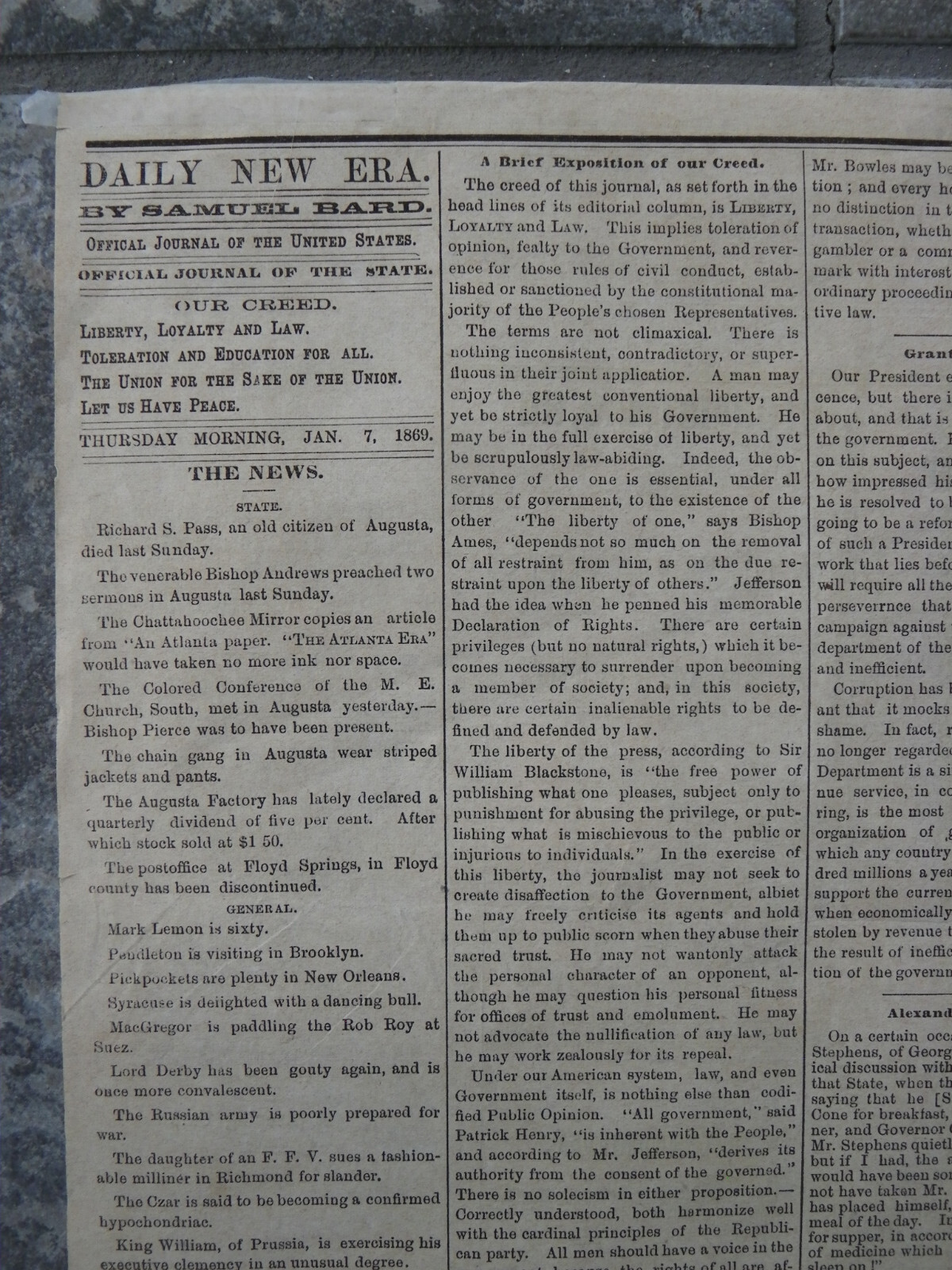 Jan 1869 Atlanta “Daily New Era” Newspaper-Train Schedules-Politicians-Unique