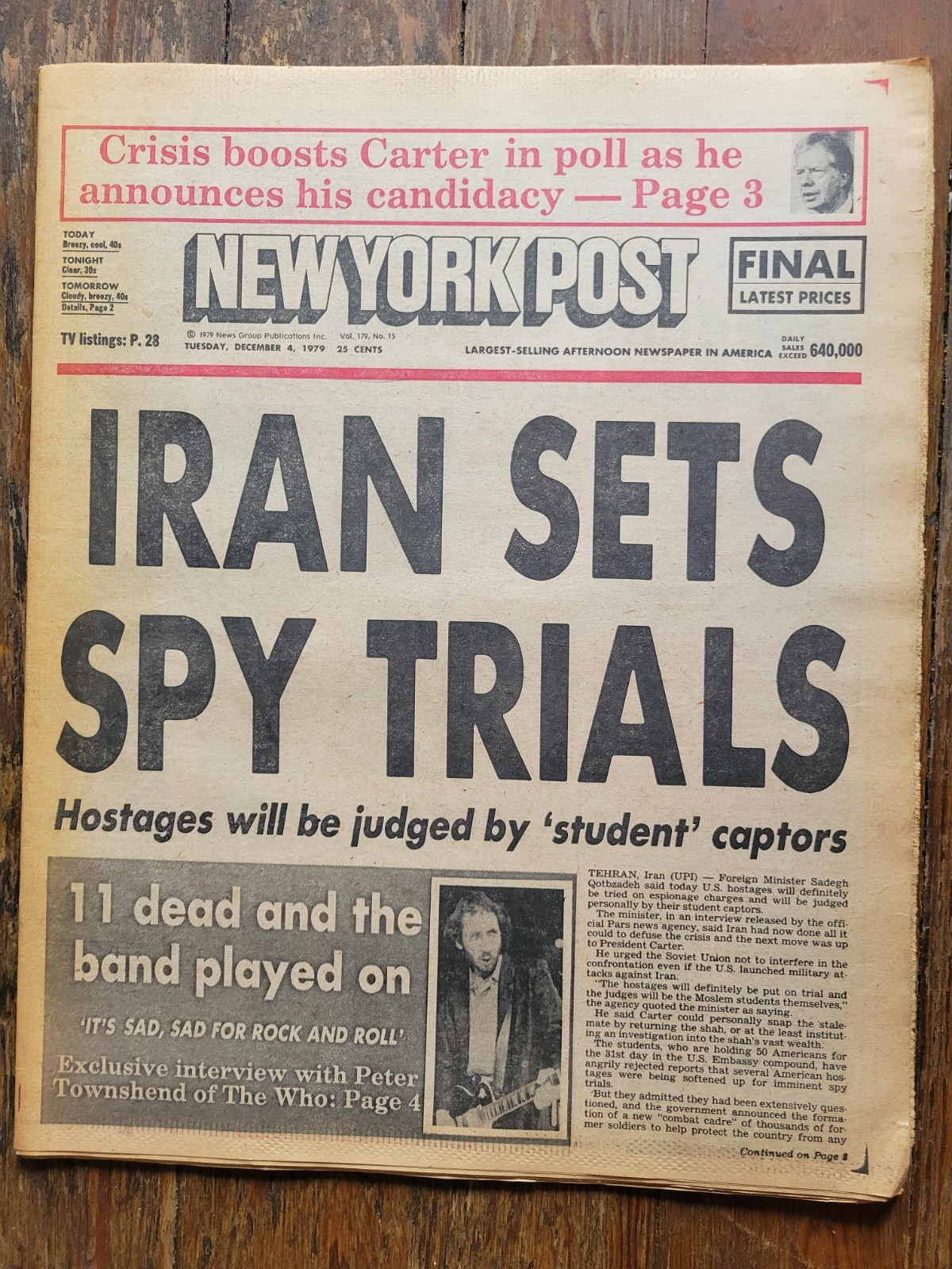 New York Post Newspaper, Dec 4, 1979, Iran Sets Spy Trials, The Who Stampede
