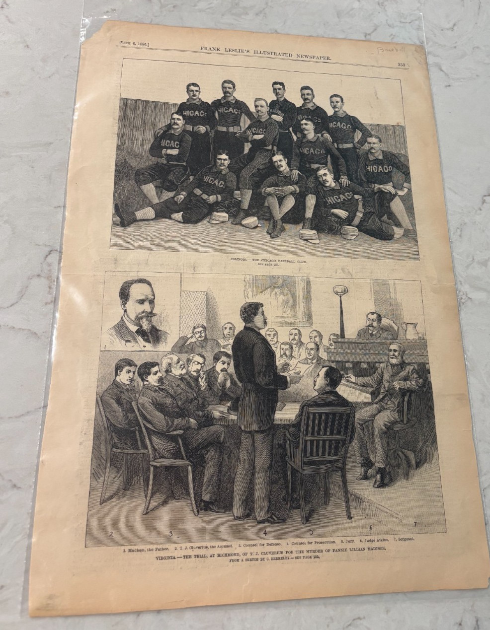 1885 Frank Leslie’s Illustrated Newspaper Chicago Baseball Club Single Page Rare