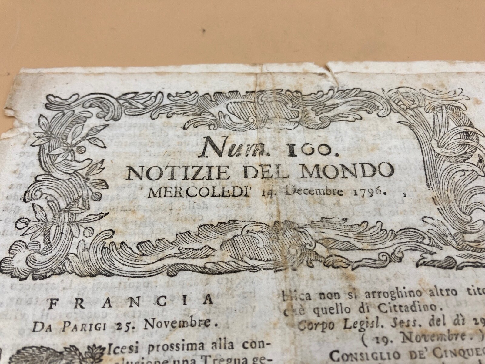 1796 Original Newspaper “Notizie dal Mondo” w/ article on the Directory