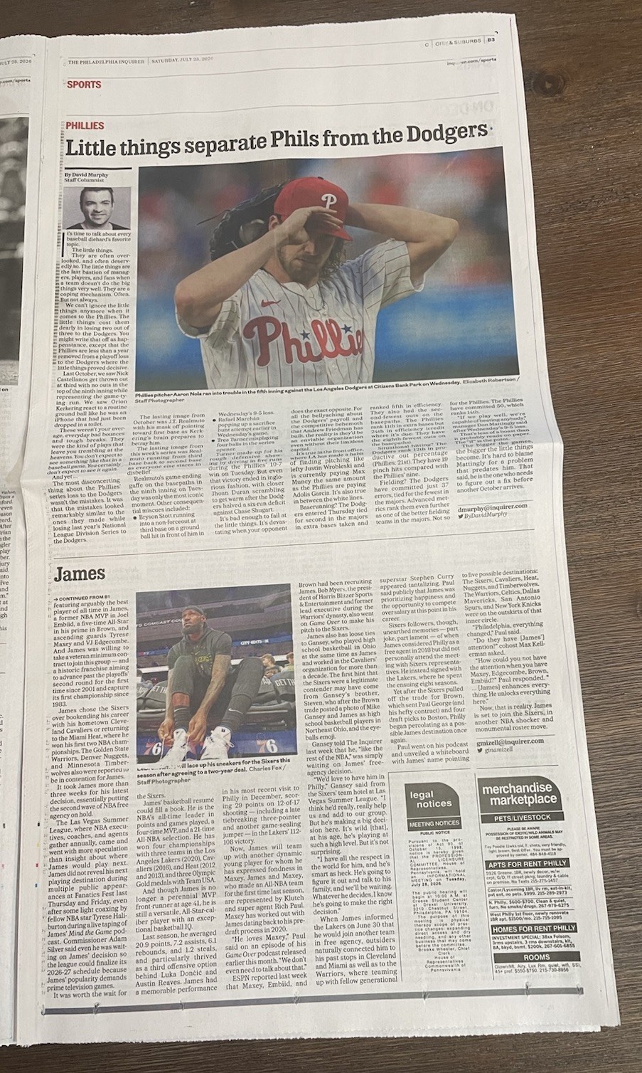 LeBron James Philadelphia 76ers Philadelphia Inquirer Newspaper Sixers 7/25/26