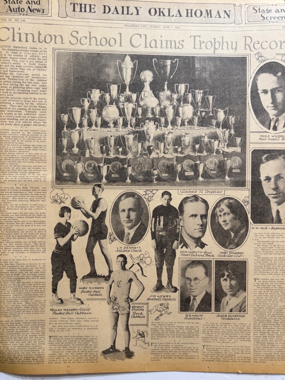 1925 CLINTON HIGHSCHOOL , OKLA. CLAIMS TROPHY RECORD OKLA. CITY NEWSPAPER PAGE