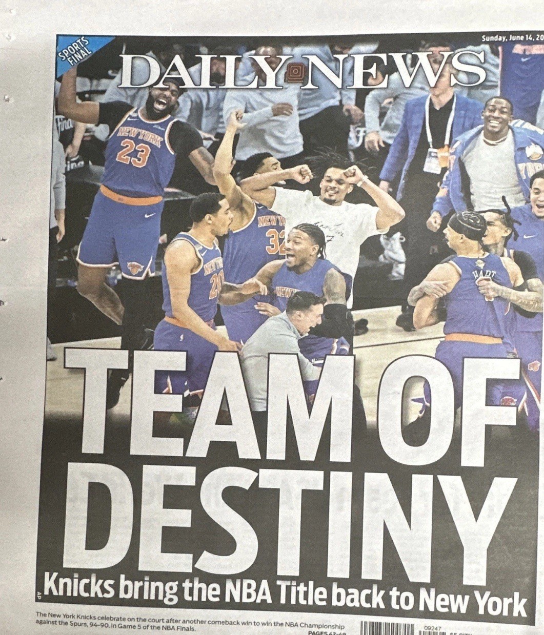 2026 New York Daily News June 14 NEW YORK KNICKS WIN NBA FINALS CHAMPIONSHIP