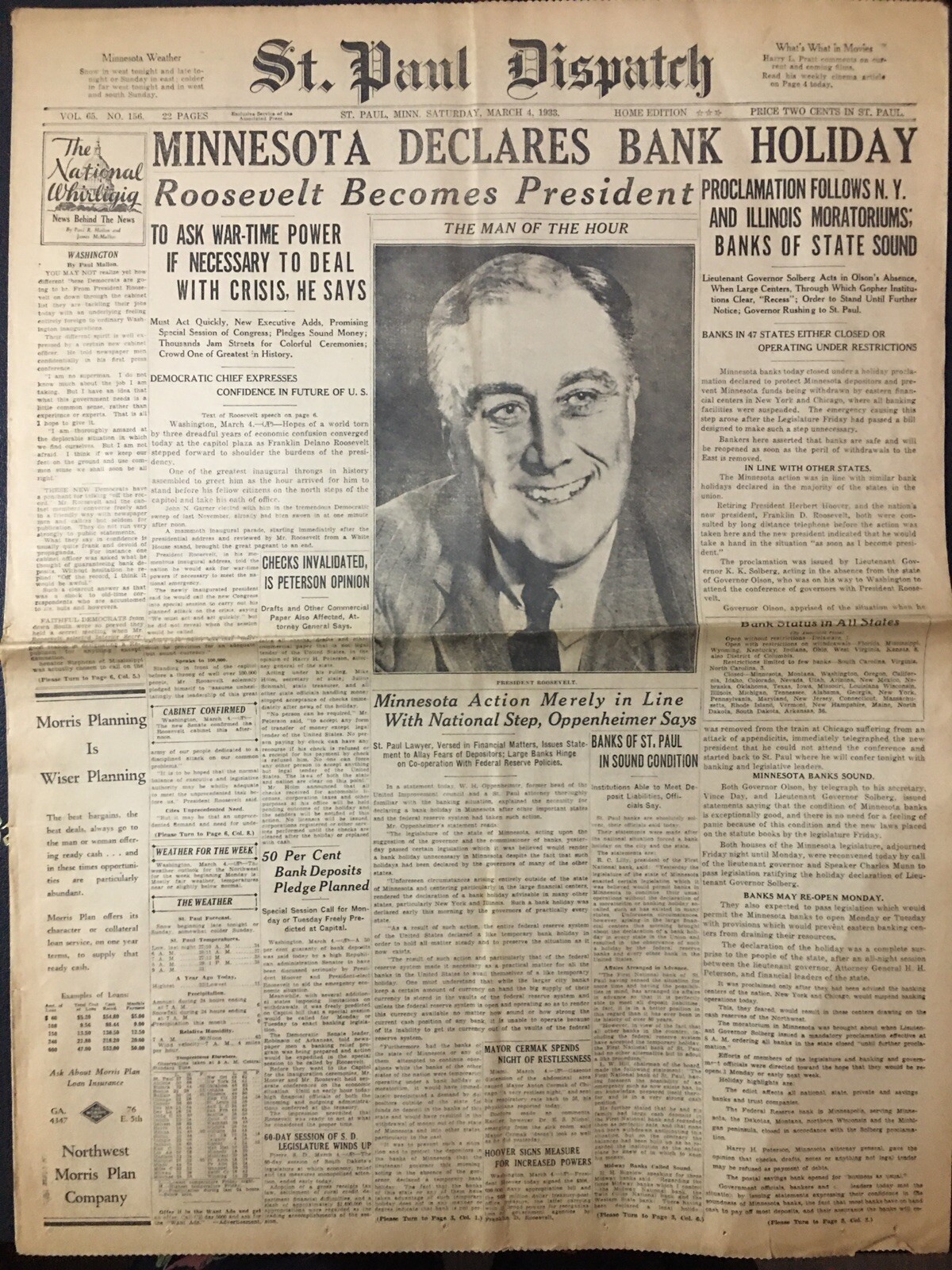 Franklin Roosevelt Inauguration 1933 St Paul MN Newspaper-Bank Holiday