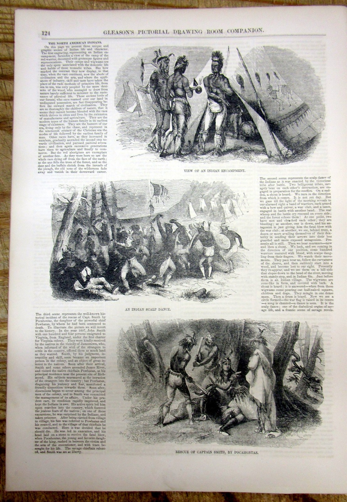 1852 Illustr newspaper w NATIVE AMERICAN INDIAN engravs POCAHONTAS / SCALP DANCE