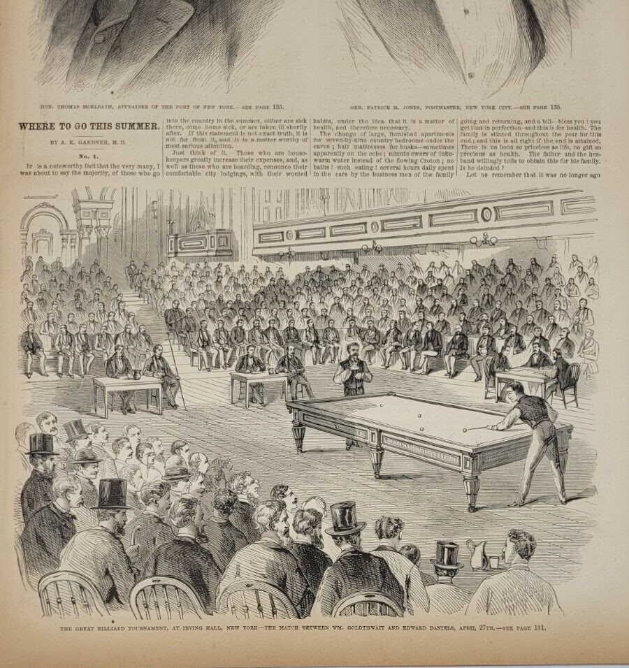 Frank Leslie’s 5/15/1869 New Suspension Bridge Niagara Falls / Billiards Tourn