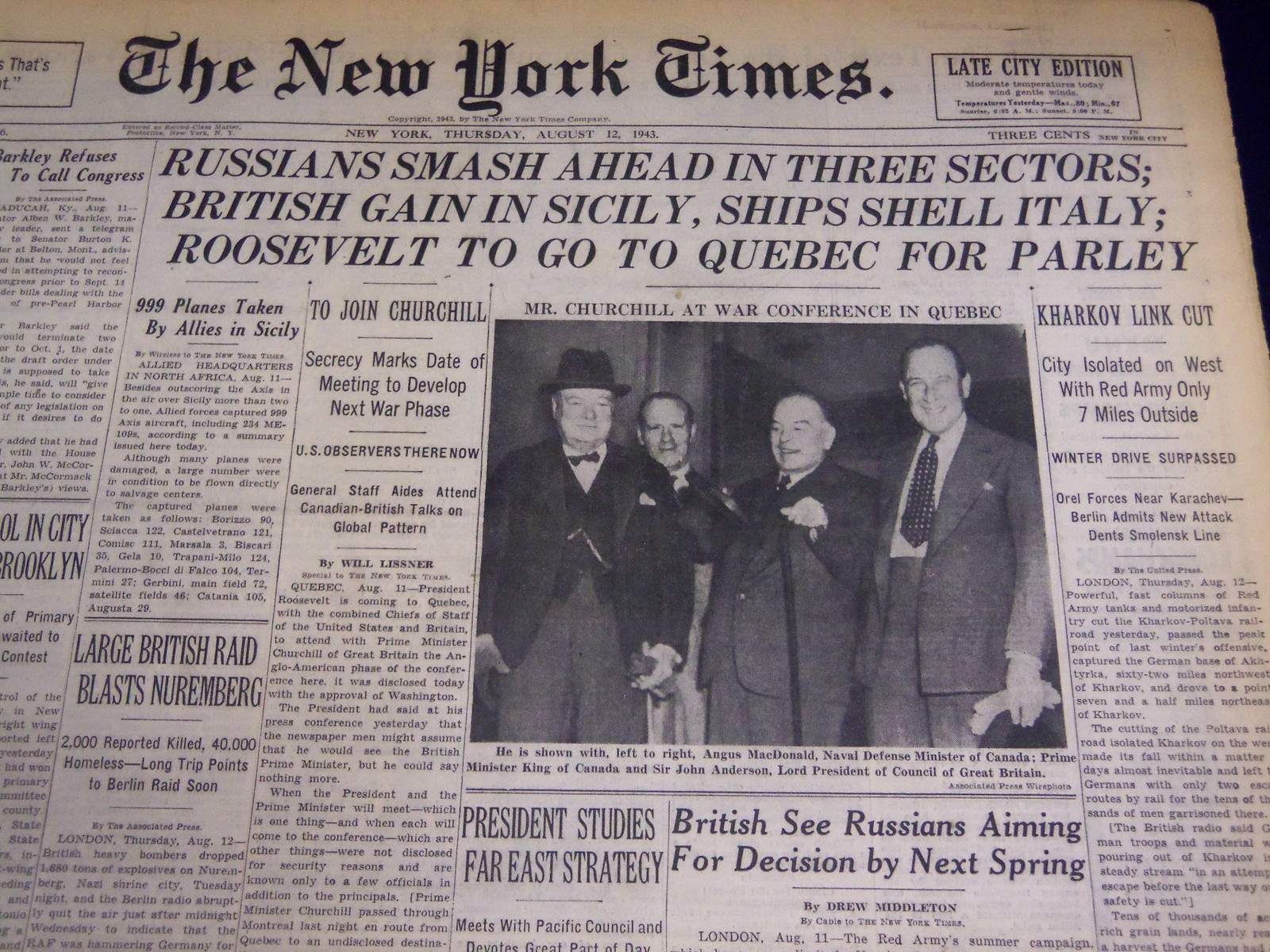 1943 AUG 12 NEW YORK TIMES – BRITISH GAIN IN SICILY, SHIPS SHELL ITALY – NT 1049